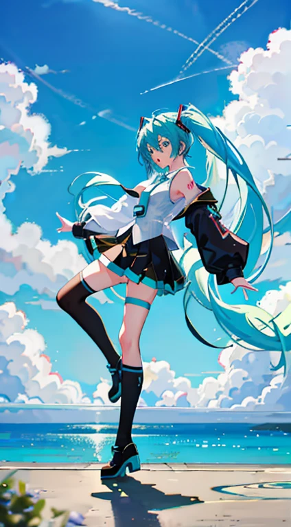 (Seios grandes Hatsune Miku，electronic singer，cabelo verde，Ombros nus，uma saia preta，mangas pretas，(Blusa de cor branca)，Roupas brancas，8k，A high resolution，olhos verdes，fundo do concerto，No local do concerto，em concerto，Only beautiful thighs are exposed，the clothes are white，appear on the arm is 01，The number is 01，fundo brilhante，Leaves&#39;uma gravata para usar，a pose with hands on waist ，cabelo de alta qualidade 8k ，The eyes of the anime heroine，Olhos de detalhes ultraelevados，olhos de alta qualidade，gravata longa，The length of the tie is thirty cm，High detail eyes of panties and bra full body wet from rain 