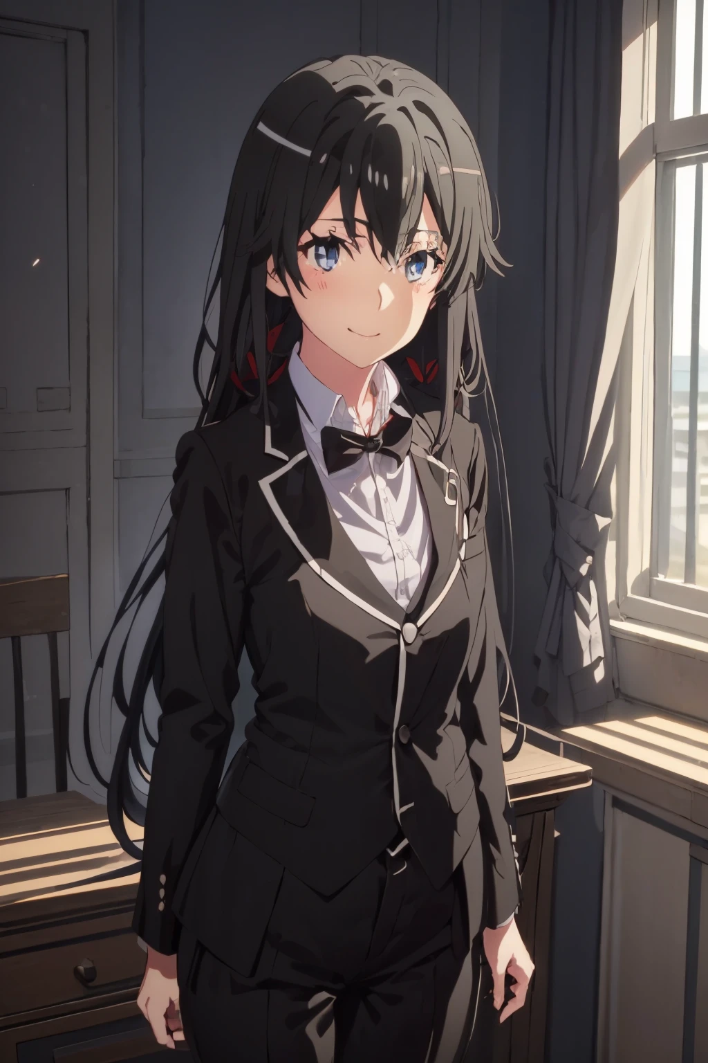 1girl, Illustration of a girl, yukinoshita yukino, view wears a tuxedo tailcoat, standing, ((Anime)) 8k colerfull