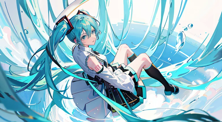 showing back,Anime girl with long blue hair, white shirt and black skirt, hatsune miku, hatsune miku portrait, hatsune miku short hair, vocaloid, hatsune miku portrait, Friends, mikudayo, anime girl with teal hair, Hatsune Miku Cosplay, Hatsune Miku's face, anime style4 K, an anime girl, attractive anime girls