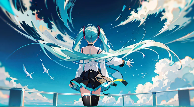 showing back,Anime girl with long blue hair, white shirt and black skirt, hatsune miku, hatsune miku portrait, hatsune miku short hair, vocaloid, hatsune miku portrait, Friends, mikudayo, anime girl with teal hair, Hatsune Miku Cosplay, Hatsune Miku's face, anime style4 K, an anime girl, attractive anime girls