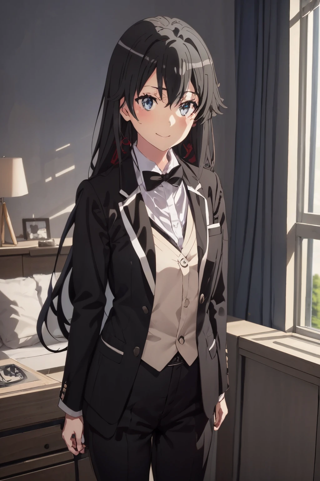 1girl, Illustration of a girl, yukinoshita yukino, view wears a tuxedo tailcoat, standing, ((Anime)) 8k colerfull