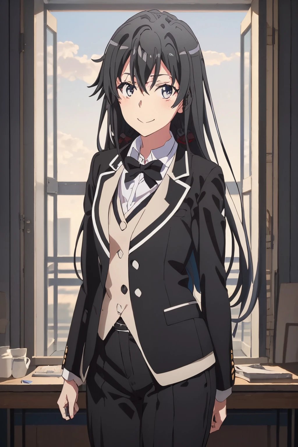 1girl, Illustration of a girl, yukinoshita yukino, view wears a tuxedo tailcoat, standing, ((Anime)) 8k colerfull