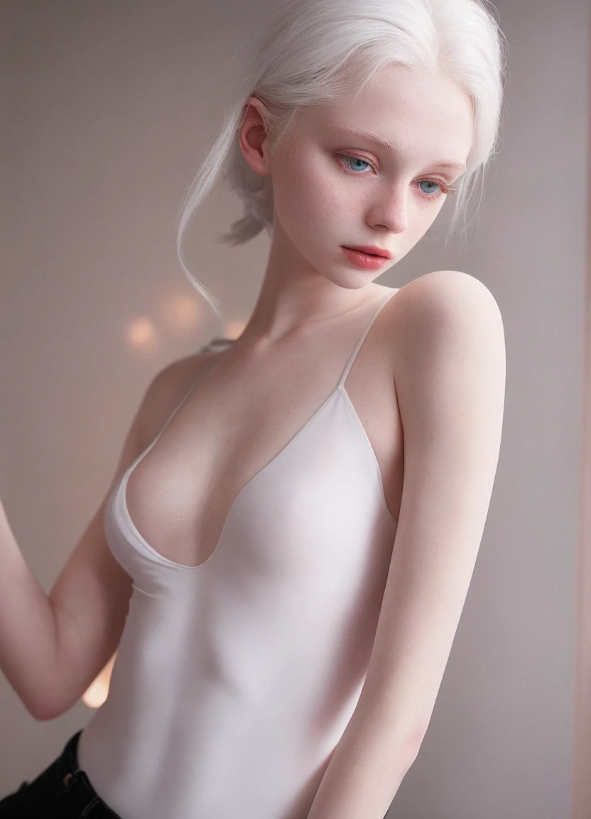 realistic, photo, albino, pale skin, white hair, skinny 18 year old girl in white bodysuit, medium breasts, tiktok, beautiful, instagram, peter lindbergh