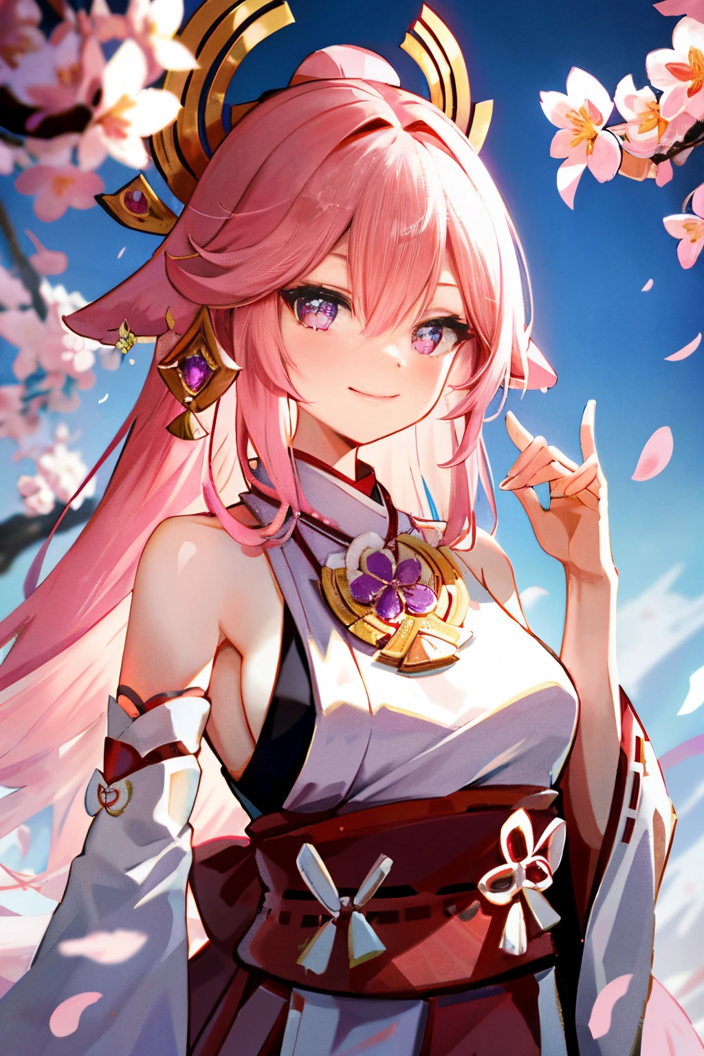 yae miko, 1girl, \n/, animal ears, bare shoulders, blush, breasts, cherry blossoms, closed mouth, detached sleeves, earrings, flower, fox ears, gem, hair between eyes, hair ornament, hand up, japanese clothes, jewelry, kimono, long hair, looking at viewer, medium breasts, miko, nontraditional miko, pink eyes, pink flower, pink hair, purple gemstone, short kimono, sidelocks, smile, solo, upper body, white kimono, ((masterpiece))