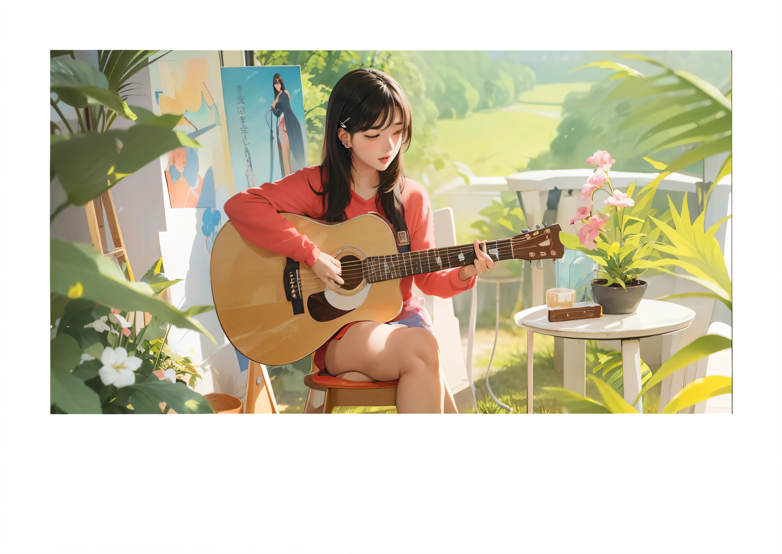 There's a woman sitting on a chair playing the guitar, em estilo de atey ghailan, playing the guitar, the girl plays the guitar, playing the guitar, inspirado em Atey Ghailan, Arte no estilo de Guweiz, Artgerm e Atey Ghailan, lofi, mulheres tocando guitarra, pintado em anime painter studio