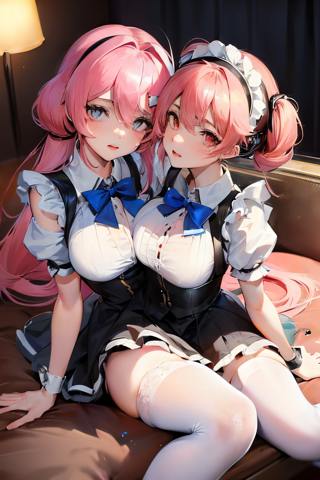 2 girls、chestnut-colored hair、fluffy and soft hair、Blue eyes、Gingham Check One Piece、setup、Colossal tits、Lace and ruffles、Retro、knee high socks、Enchanted breasts、Enchanted thighs、Pink lip、Pink Nails、Retro and cute room、heart mark、bow ribbon、Retrocute、a choker、耳Nipple Ring、A bracelet、cleavage of the breast、no-bra、Touching each other's breasts