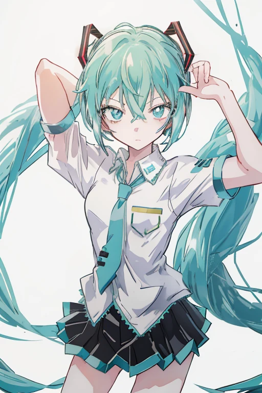 tmasterpiece,Colorful,The best quality at its best,独奏,1girll,knee boots,green-eyed,hight resolution,Looking at Viewert,Standing on your feet,white wool,(high school uniform:1.3),hands inside pocket, Anime girl with long blue hair, white shirt and black skirt, hatsune miku, hatsune miku portrait, hatsune miku short hair, vocaloid, hatsune miku portrait, Friends, mikudayo, anime girl with teal hair, Hatsune Miku Cosplay, Hatsune Miku's face, anime style4 K, an anime girl, attractive anime girls