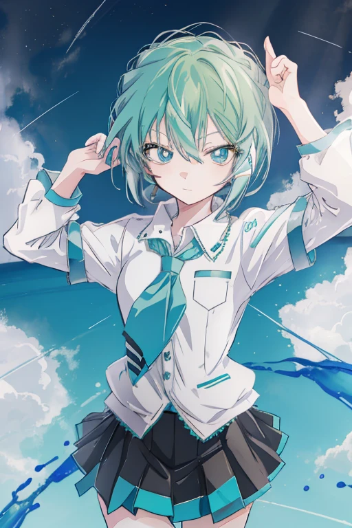 tmasterpiece,Colorful,The best quality at its best,独奏,1girll,knee boots,green-eyed,hight resolution,Looking at Viewert,Standing on your feet,white wool,(high school uniform:1.3),hands inside pocket, Anime girl with long blue hair, white shirt and black skirt, hatsune miku, hatsune miku portrait, hatsune miku short hair, vocaloid, hatsune miku portrait, Friends, mikudayo, anime girl with teal hair, Hatsune Miku Cosplay, Hatsune Miku's face, anime style4 K, an anime girl, attractive anime girls