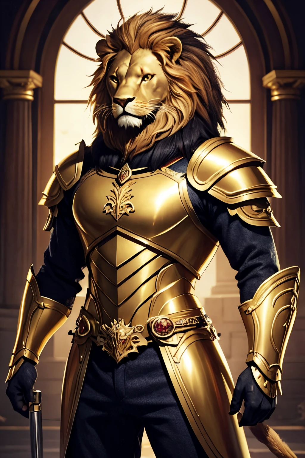 a beautiful anthropomorphic lion with golden armor