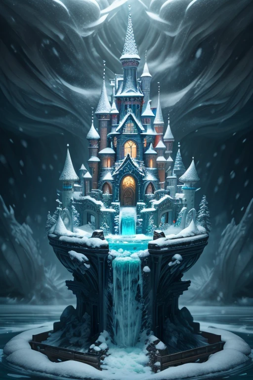 Palace of the Snow Queen, "High quality crystal sculpture with natural aquatic plants., Snow inside, ice, ice sculptures, Kingyo, water, glistering, Fantasy, Shrouded in magical fog, New Year'snowing, incredible details, tmasterpiece, beste-Qualit, RTX, 4k, 8K,".