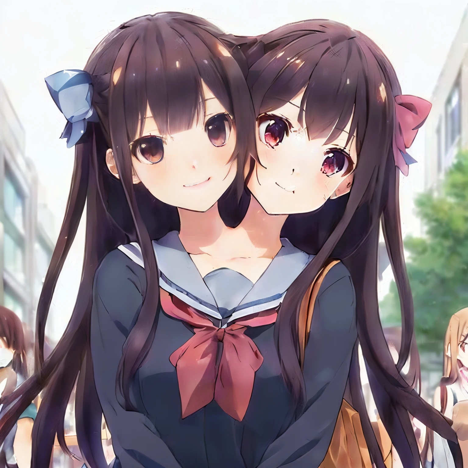 (masterpiece, best quality), best resolution, (2heads:1.5), 1girl, anime characters are standing in a crowded street with a building in the background, twintails, anime visual of a cute girl, beautiful anime high school girl, smooth anime cg art, two beautiful anime girls, extremely cute anime girl face, anime moe artstyle, ecchi anime style, anime girl with long hair, cute anime girl portraits, high detailed official artwork