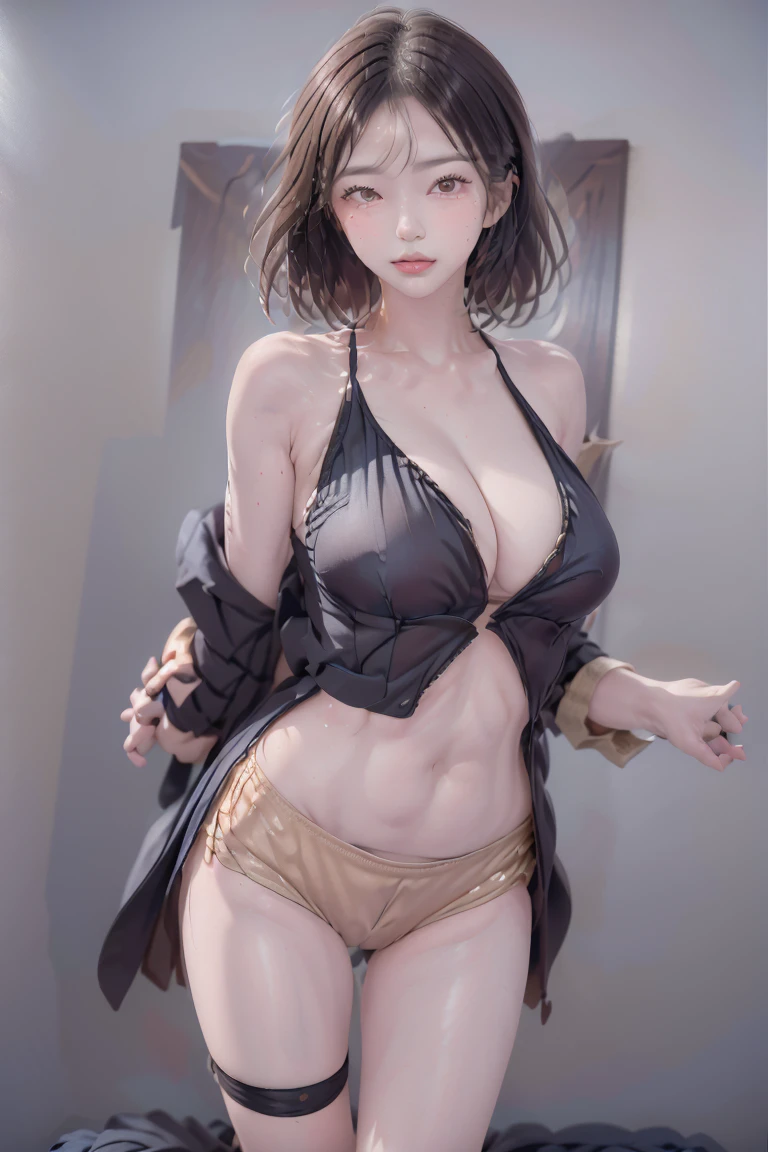 8k,masterpiece, bset quality,big, (1 girl), shiny skin, shiny big, dark brown eyes, ((best quality)), sharp focus: 1.2, highly detailed face and skin texture, detailed eyes, perfect face, perfect body, art, cg, blur background, Japan person, katana, ninja, bare shoulders, detached sleeves, cleavage, pelvic curtain,fishnet stockings,ponytail,big with presence, on the roof of a Japan castle, moon, midnight, cowboy shot, dynamic pose, angry, speed lines, fighting pose, Japan wind belt, (fighting), hooded leather jacket, coat of arms, slouch, Japan armor, jump, cleavage, buttocks, side View, butt perspective, (white string panties)