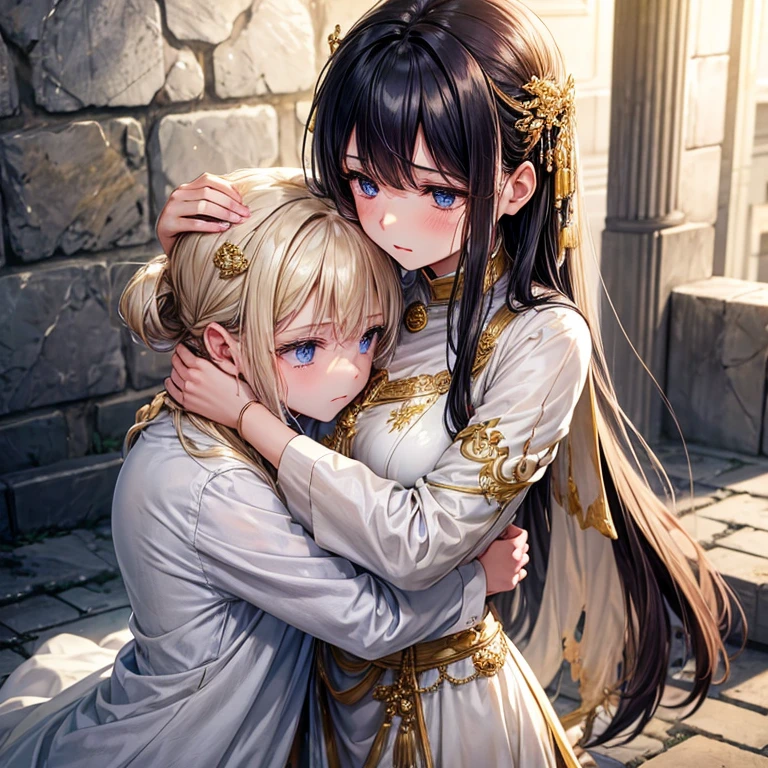 woman in white dress and gold ornaments、with a sad expression、hugging a girl wearing dirty and tattered clothes.　stone pavement　Retro