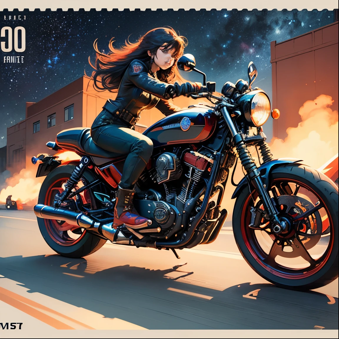 (masterpiece), (best quality), (best detail), (distant general view), (postage stamp),(main color of illustration: bright saturated red), (secondary color: lapis lazuli), a red cafe racer motorcycle driven by a woman with defiant stance, very detailed chassis, futuristic western scenery, night (many stars, moon), shading (detailed, much contrast), very saturated pulp colors