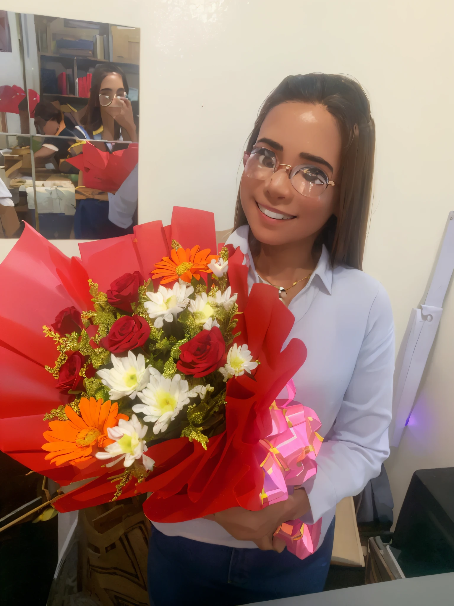 (A small chest:1.3),(Masterpiece, Best quality:1.4), (Beautiful, Aesthetic, Perfect, Delicate, Intricate:1.2),((Best quality)), ((Masterpiece)), (Detailed),(A high resolution:1.2), Classroom, An adult female, Smiling Claudia Chever, Red shirt, White skirt, Glasses, Bend over, angle of view,