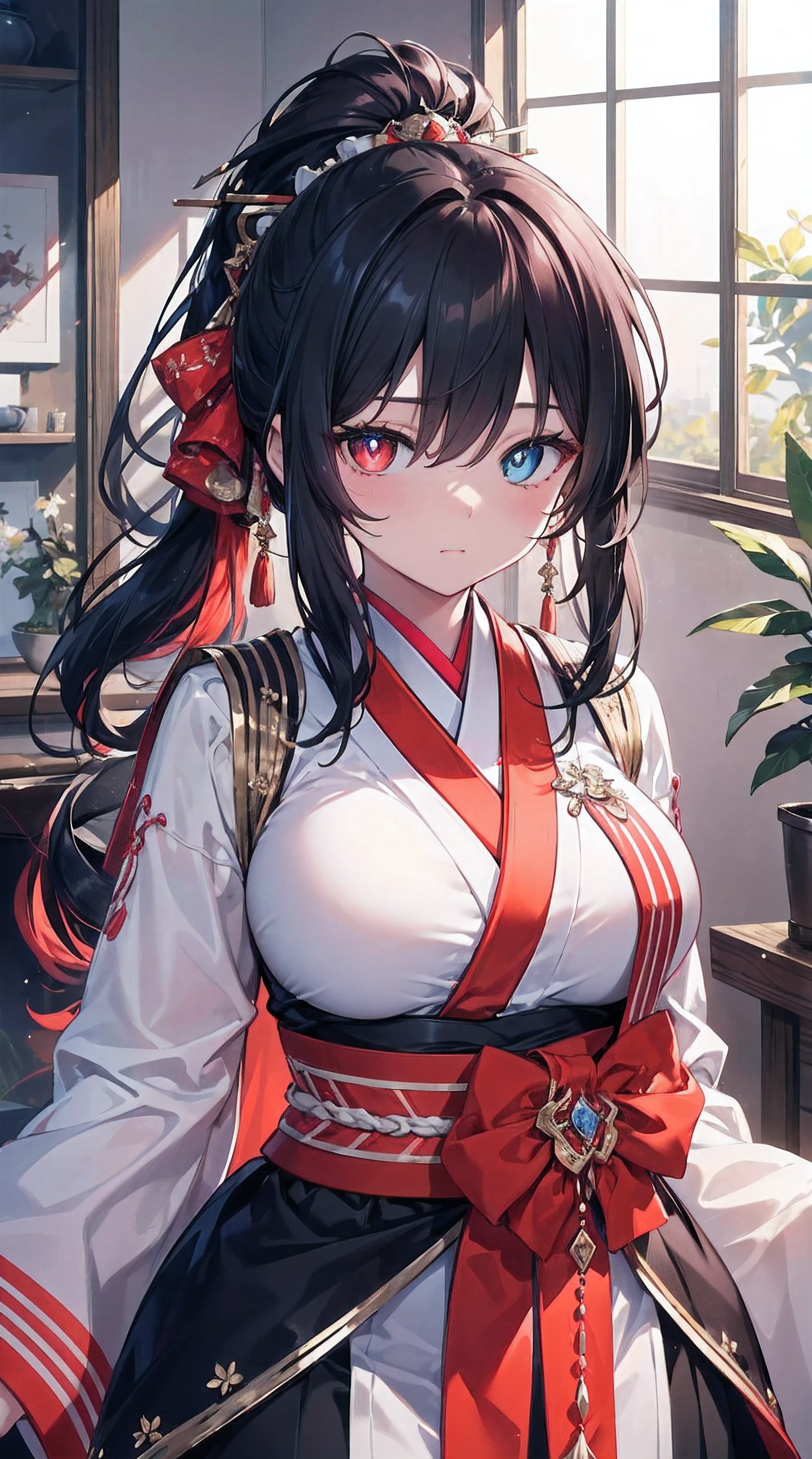 Hair color, long wavy ponytail, Multicolored eyes, Heterochromia, Colored Contact Lenses ,Very shy, face flushed, Bright pupils, japanese manga, Front Shooting, hyper HD, tmasterpiece, Anatomically correct, ctextured skin, super detailing, high detal, high high quality, Best quality, A high resolution, 16k,Gorgeous dress,middlebreast,busty figure,a slender waist,hair pin,beautful view,fantasticcolors,the soft light,mesmerizing eyes,Dynamic lines,beautful view,Emotional expression,stunning visuals,mystical ambiance,Endless imagination,Innovation that subverts tradition,A feast for the senses,Interesting details。