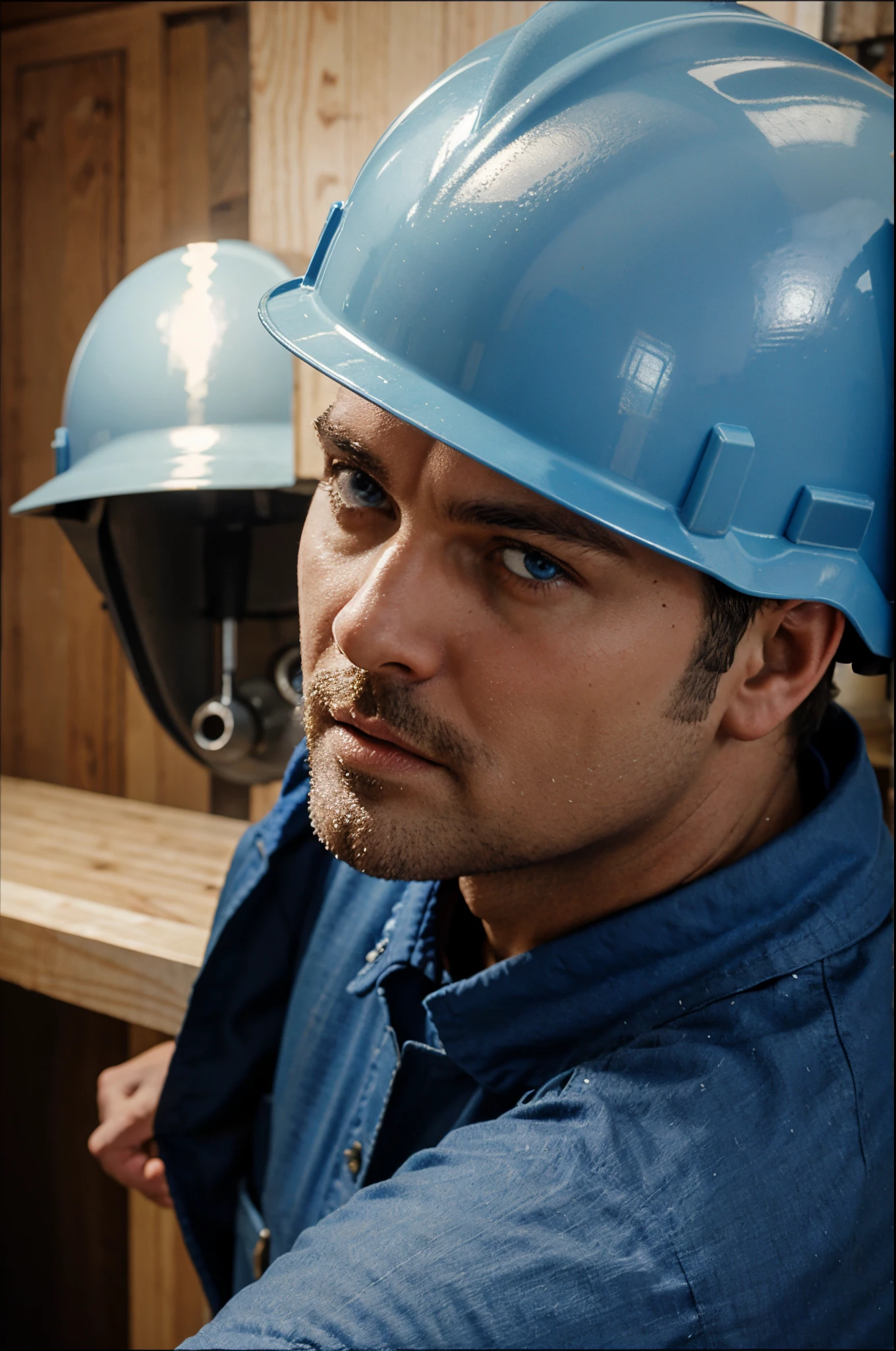 George Michael, blue eyes, blue hard hat, carpenter, man, kitchen background.