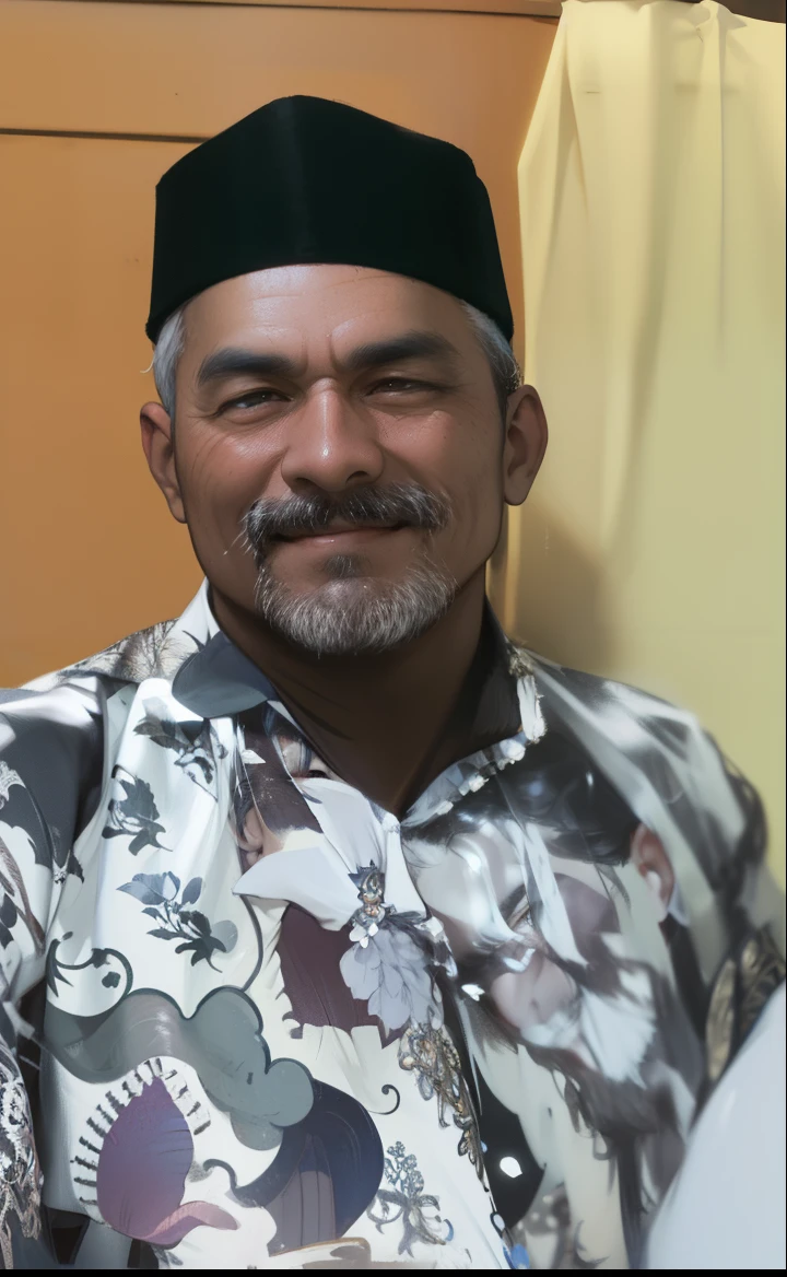 smiling man in a floral shirt and hat standing next to a man in a white shirt, ismail, lokah samastah sukhino bhavantu, ramil sunga, saadane afif, h. kyoht luterman, full protrait, raden saleh, inspired by Basuki Abdullah, protrait, mutahar laughing, portrait picture, White beard and mustache