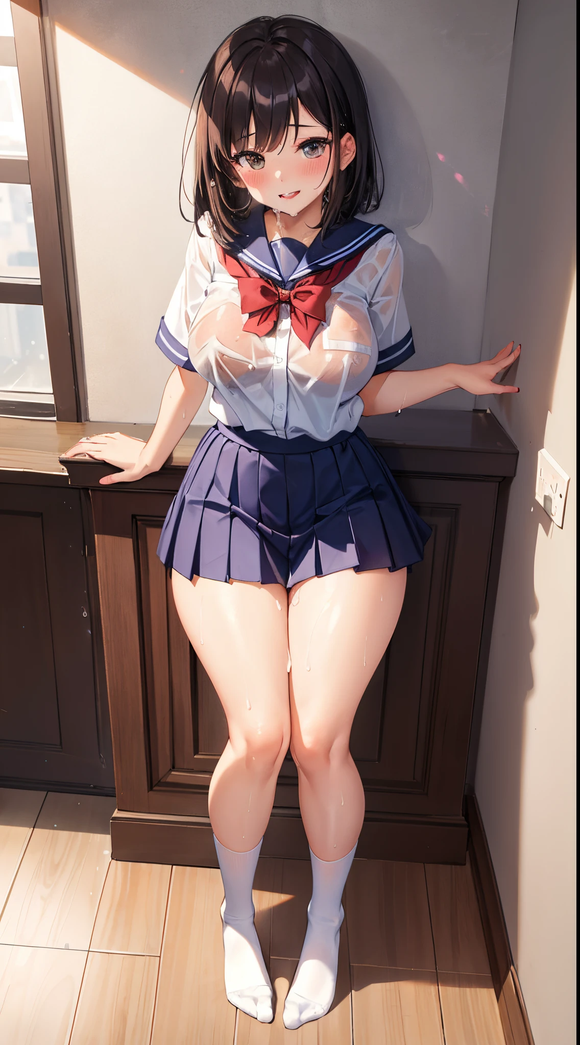 1girl in, Parted lips, blush, makeup, lightsmile, School uniform, Full body, Wide Angle, From above, crass room, llight rays, Glow, thighs thighs thighs thighs, 鎖骨, Narrow waist, (masutepiece), Wallpaper,Wet body、Drooling、White socks、cum shots