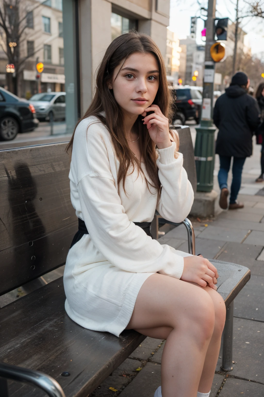 photography of a 20yo woman, perfect face, masterpiece, wearing winter clothes dress  and sitting in public place