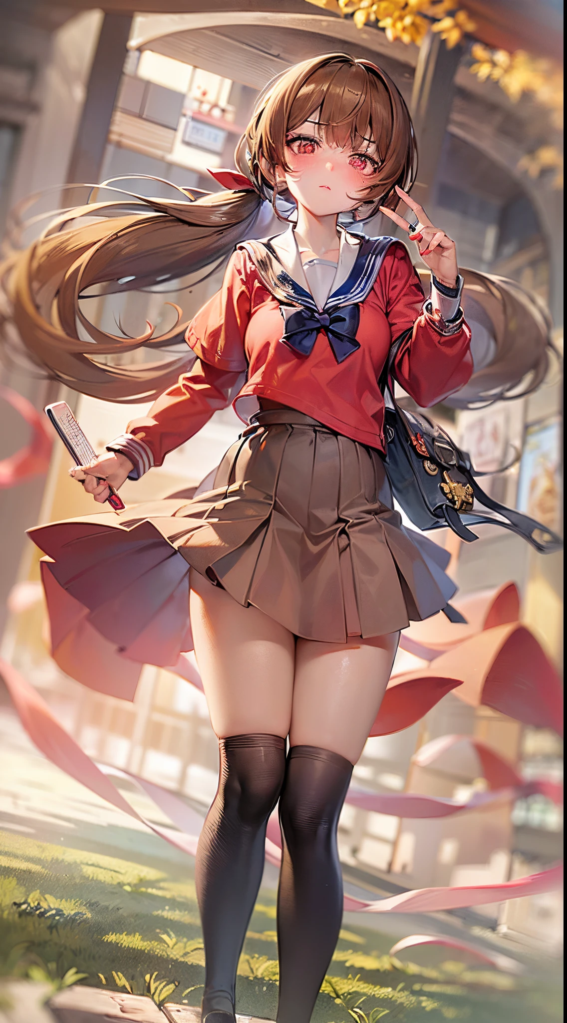 ((Finest quality)),(超A high resolution),(ultra-detailliert),(Meticulous portrayal),((Best Anime)),(Finest works of art),(Ultra-Precision Art),(The art of astounding depiction,Overwhelming depiction:1.5),(intricate and detailed art), (hi-school girl:1.5),(a sailor suit:1.5),(brown haired:1.5,poneyTail:1.6),((red blush:1.6),slenderbody:1.5,small tits:1.8,glares:1.5