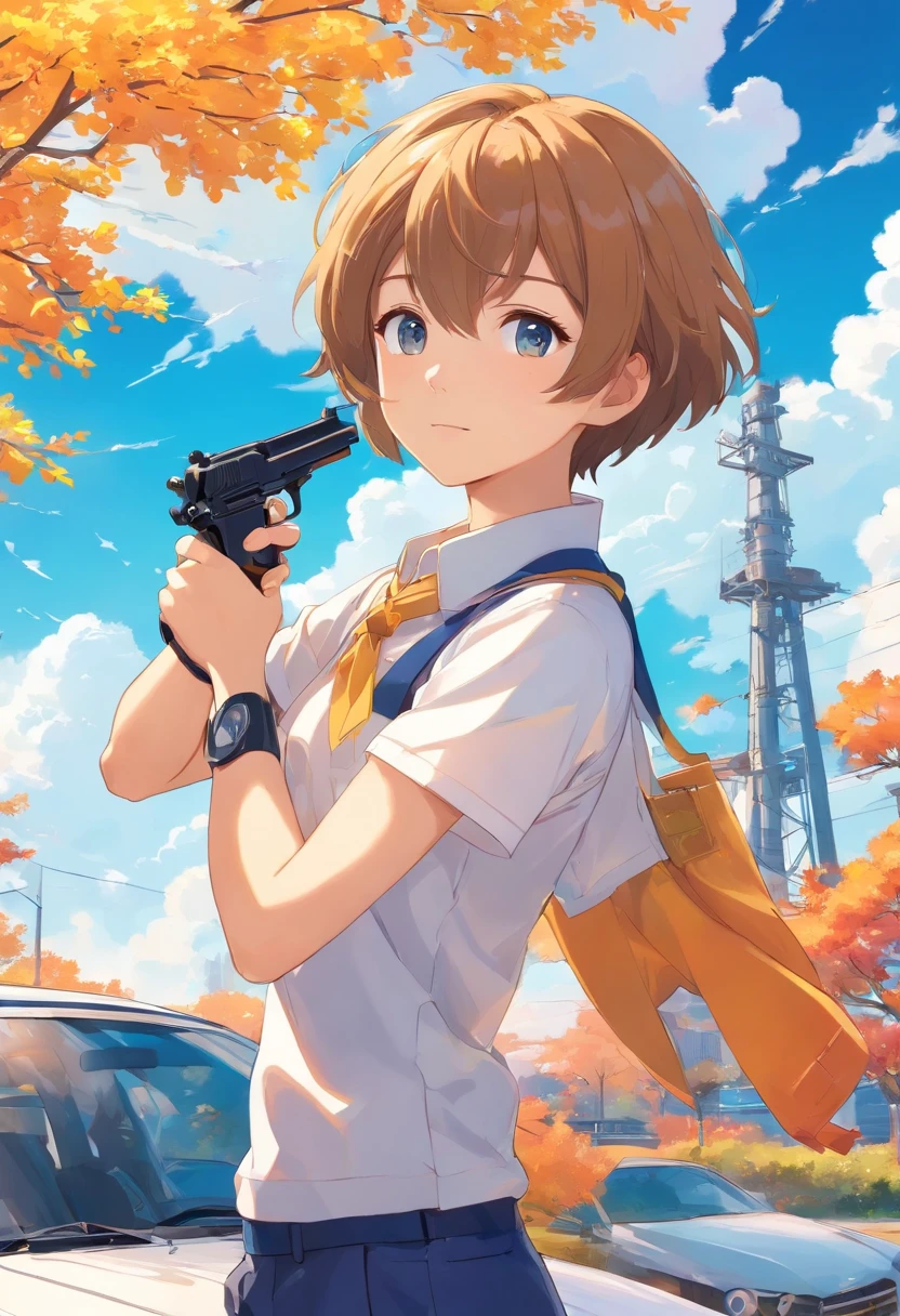 highest quality,ultra clear details,1 man(25 age old)Oil gun in hand,Car refueling,with blue sky and white clouds,Bright colors,Golden tree,white backgrounid,low-saturation