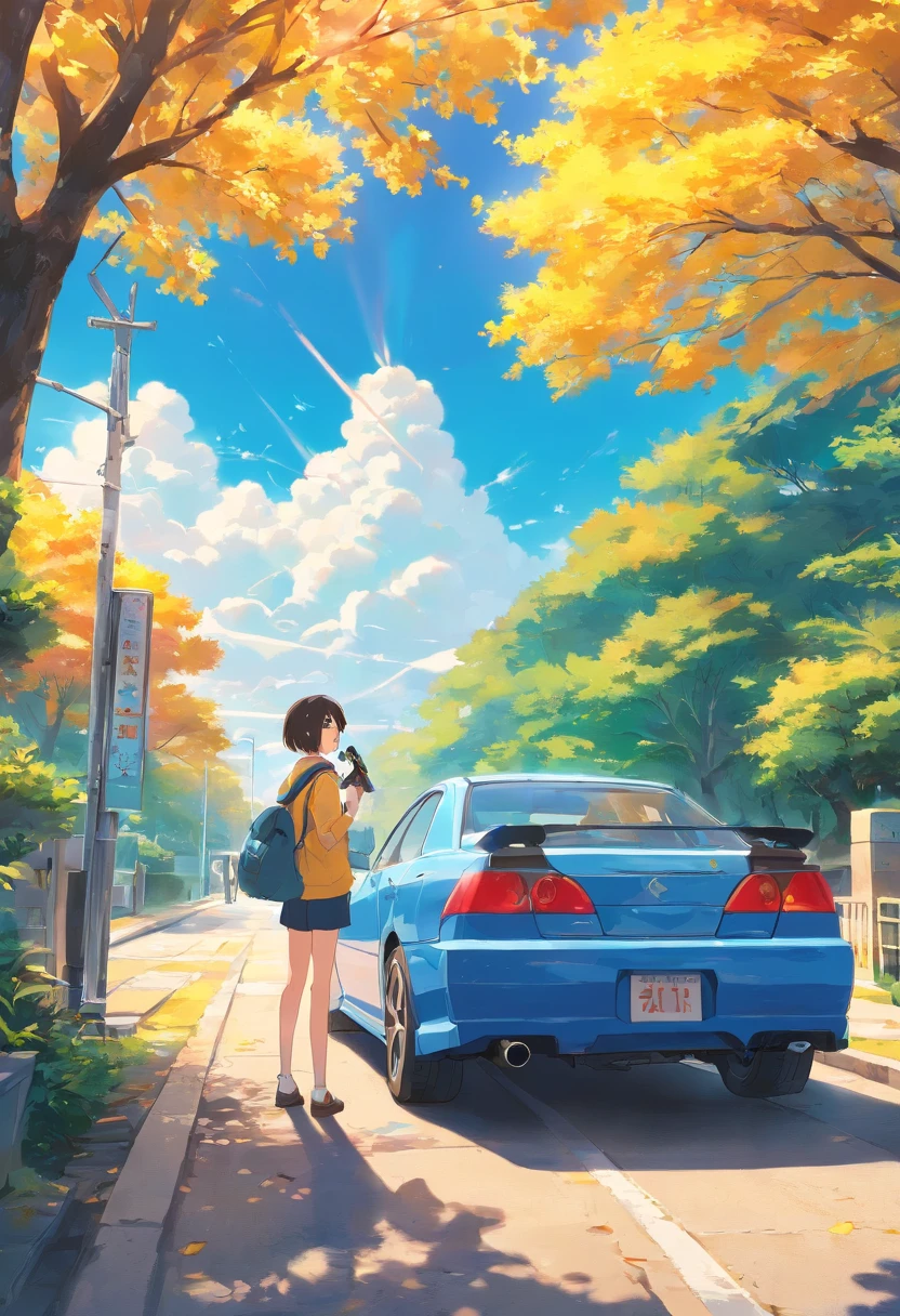 highest  quality，ultra clear details，1 man（25 age old）Oil gun in hand，Car refueling，with blue sky and white clouds，Bright colors，Golden tree，white backgrounid，low-saturation