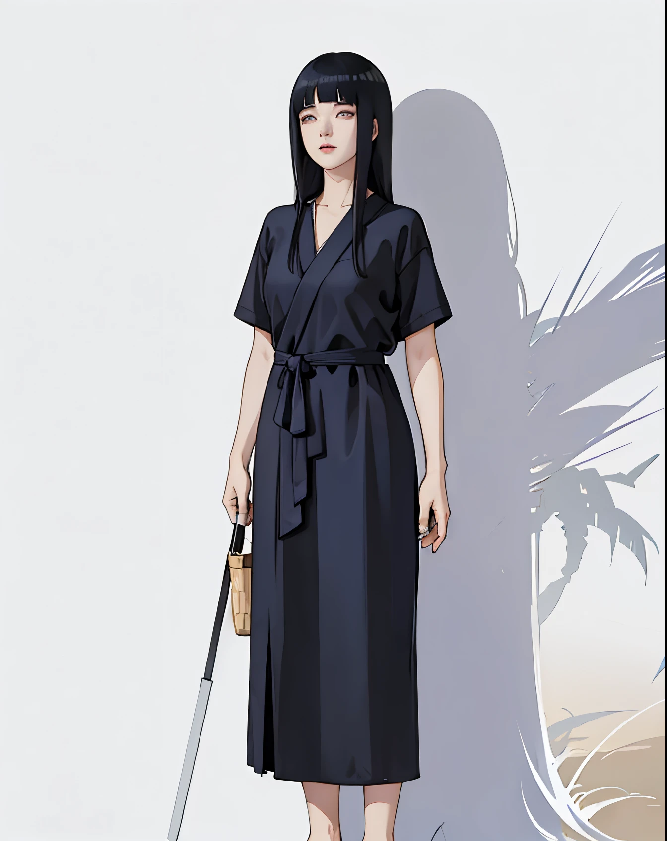 Hinata hyuga, blunt bangs, dark blue hair, long hair, Black modest Dress, soft smile, detailed lips, long hair, white background, detailed character
