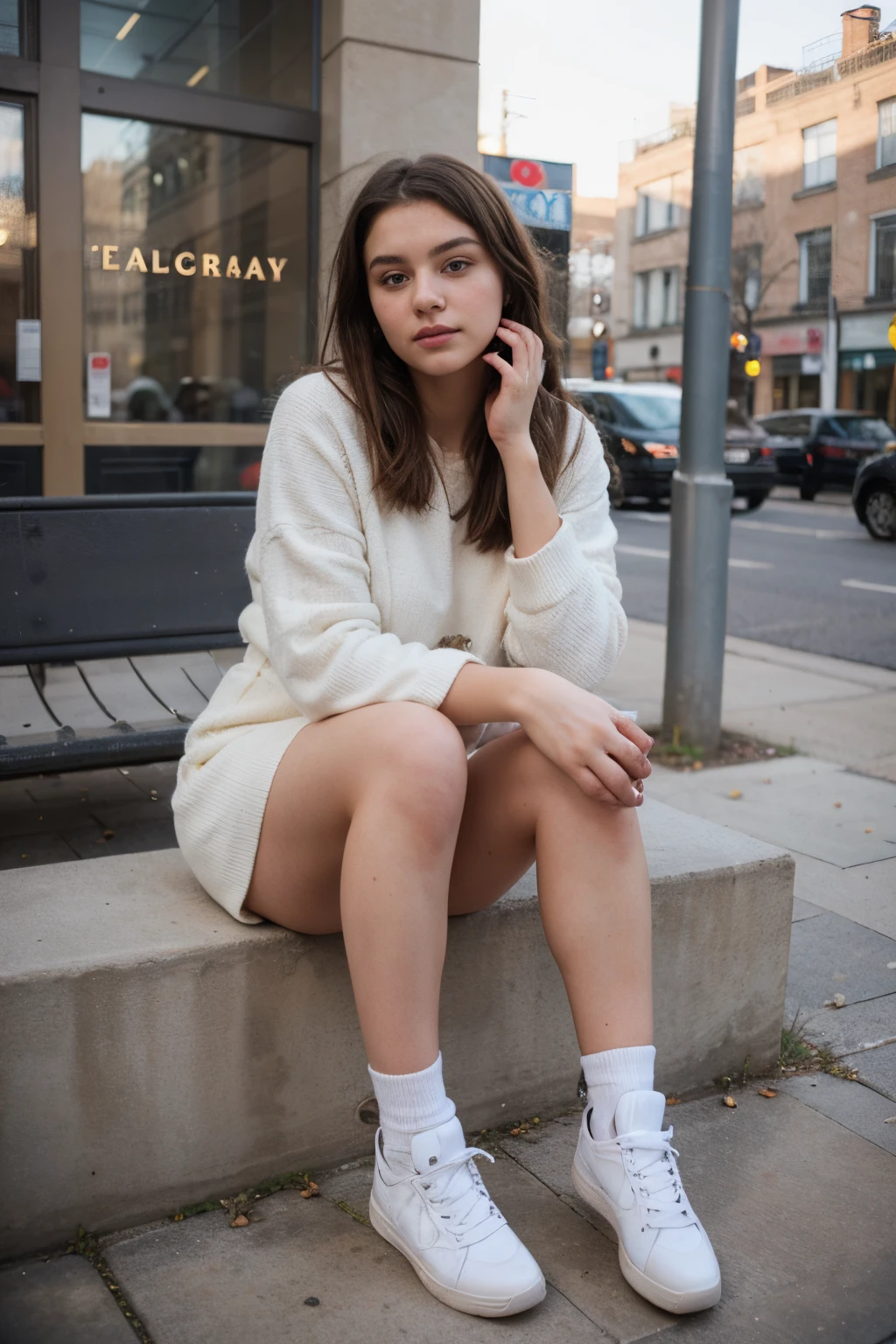 photography of a 20yo woman, perfect face, masterpiece, wearing winter clothes dress and sitting in public place , in different pose