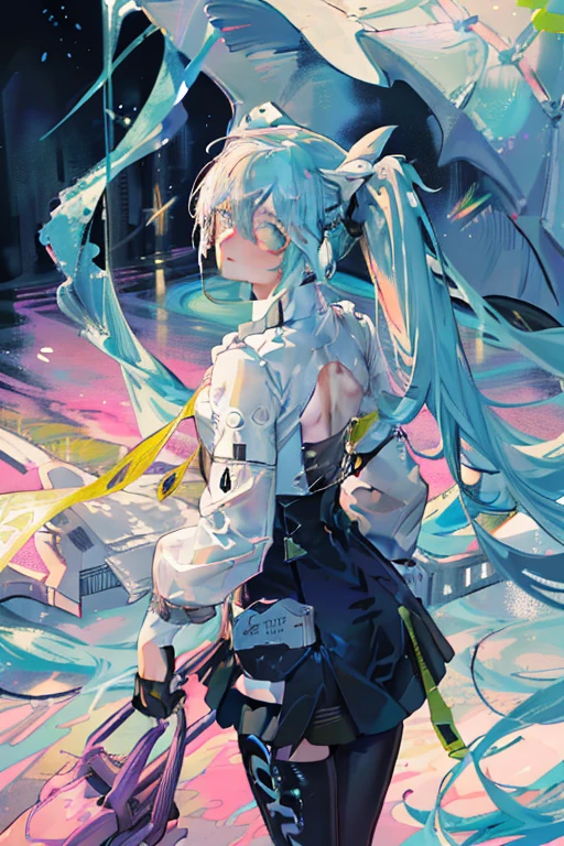 miku hatsune(Top image quality),(The work of the master),(ultra-detailliert),(Detailed depiction of the eyes:1.0),(lensflare:1.0),(Cinematic poster:1.0),(Tarot Border:1.0),Character Center,(a closeup:1.0),(negative space:0.8),(negative space:1.6),(独奏),(a colorful{the wind|water magic|inky|crystalline|icy|firey|loimu|Lightning|netting|boulders|Grit|Particle|brilliance|Bloods}:1.0),(Many colorful{Soap bubbles|​​clouds|thorn|spikes|vine|electric current|spirals|The halo|cube|octahedron}:1.0),(Planktonic{reddish|verdant|Green grass|Eau|Viola|yellow|A black|blanche|greys|pink there|an orange|lime} {bow ribbon|pluma|Particle|edg|The drops|Snowflake|softball}:1.0),({crystalline|icy|firey|loimu|the wind|Eau|planet earth|stony|spaces|musical|sonic|swirls} {Magic}:1.0), ({Ray traching,Glowering|Mottled sunbeams,llight rays,Caustics|The night is mysterious,eery|Carefree,pastels}:1.2), ({Colorful|Irridescent color|multi colored}:1.0),(beautiful detailed brilliance:1.0),({Slouched|back-view|tilted to the side|}:1.2),{ (A smile:1.0)|(a smirk:1.0)|(grim facial expression:1.0)},({Has a small|Has a small||s lips、Eye lashes}:1.0),{grinning evily|:1.2},({Eyelashes|eyeshadows||}),{Close one eye|||},({Red|Green|Blue|aqua|Purple|yellow|Black|white|greys|Pink|orange|lime} hair:1.4 ),({Short|long|Medium} hair:1.0),({frombelow|From  above|From Side|from the rear|Front Viewer}:1.3),(aureola:1.3),(tilt of the head:1.0),(dynamicposes:1.1),(Asymmetrical hair:1.2),({reddish|verdant|Green grass|Eau|Viola|yellow|A black|blanche|greys|pink there|an orange|lime} {|doress|outfits}:1.0),({Formal|Military|tech wear|Urban style|casual,dressed casually|Fantasy,magician|Sauvage,tribal|scientific fiction,Futuristic}),({plaid skirts|layered skirts|Puffy dress|tights|trouser|shortpants}),({reddish|verdant|Green grass|Eau|Viola|yellow|A black|blanche|greys|pink there|an orange|lime} {The eye|The eye|collofull eyes}:1.4),{(brow:1.5),asymmetrical bangs|oblique bangs|hair between eye|bluntbangs|swept bangs},{Bl}