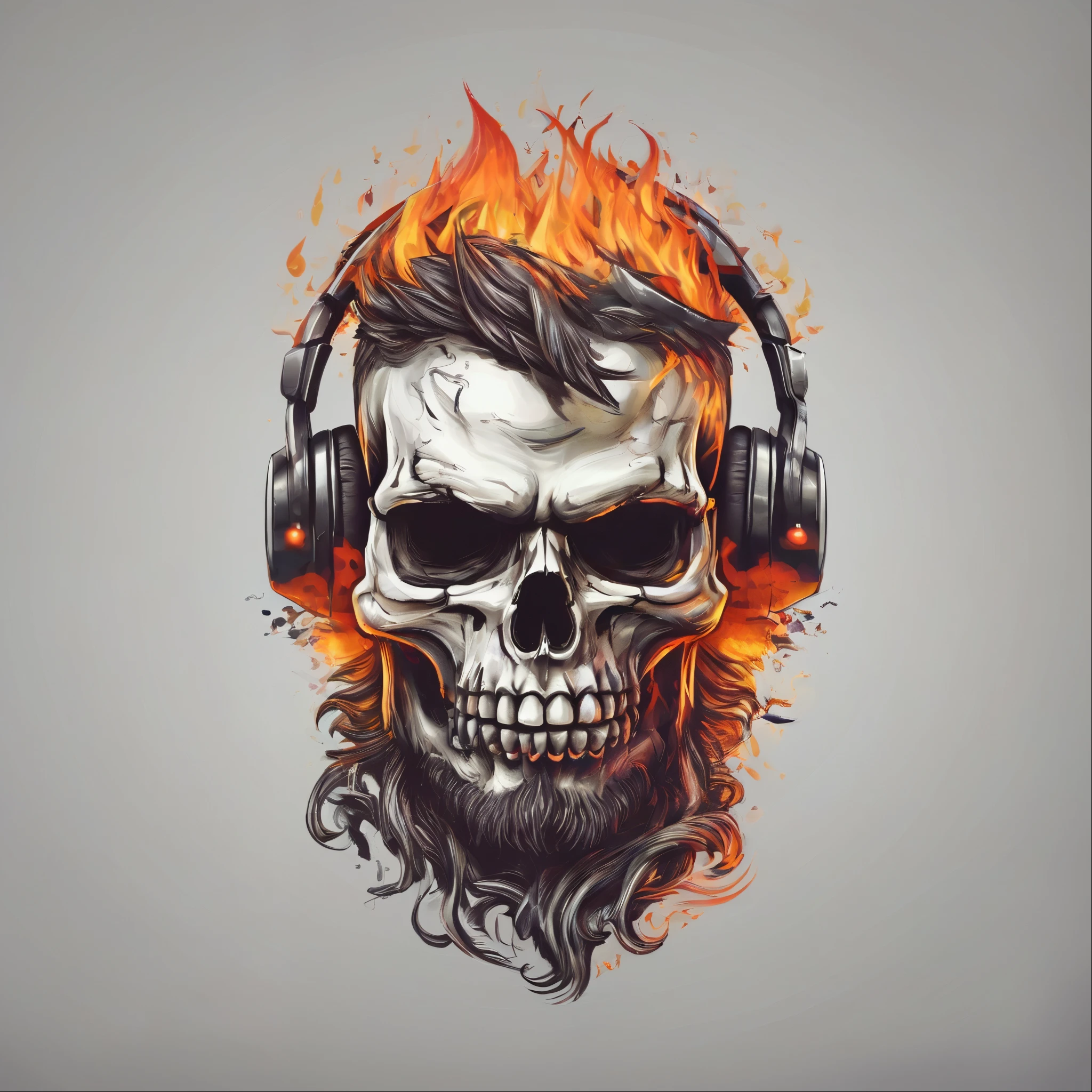 (masterpiece, best quality, hires, high resolution:1.2), extremely detailed, skull fire, logo gamer, logo design, vector, headphone, mustache, beard, simple background, white color, ((fire on head)), fire in eyes,