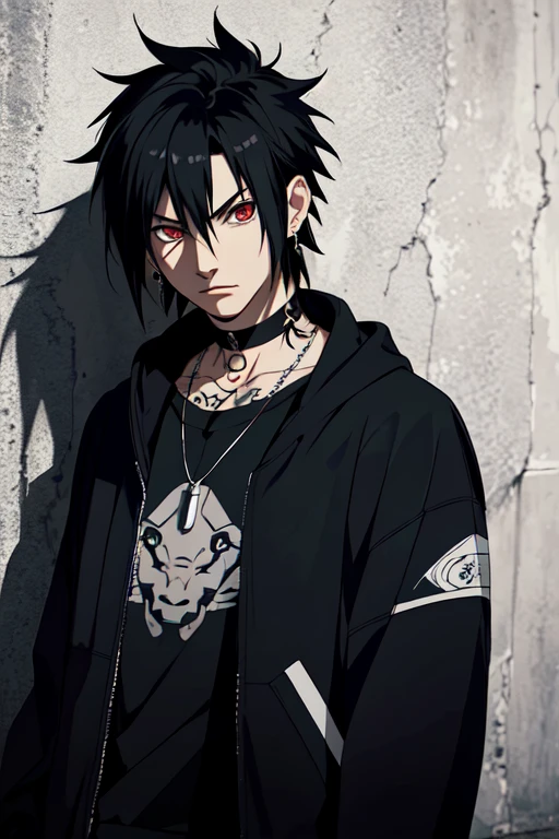 (masterpiece:1.2, best quality), (1man, solo, upper body:1.2),sasuke uchiha, black hair, short hair, tattoos, jacket, earrings, choker, necklace, Hanging out in an underground music venue or street art exhibit