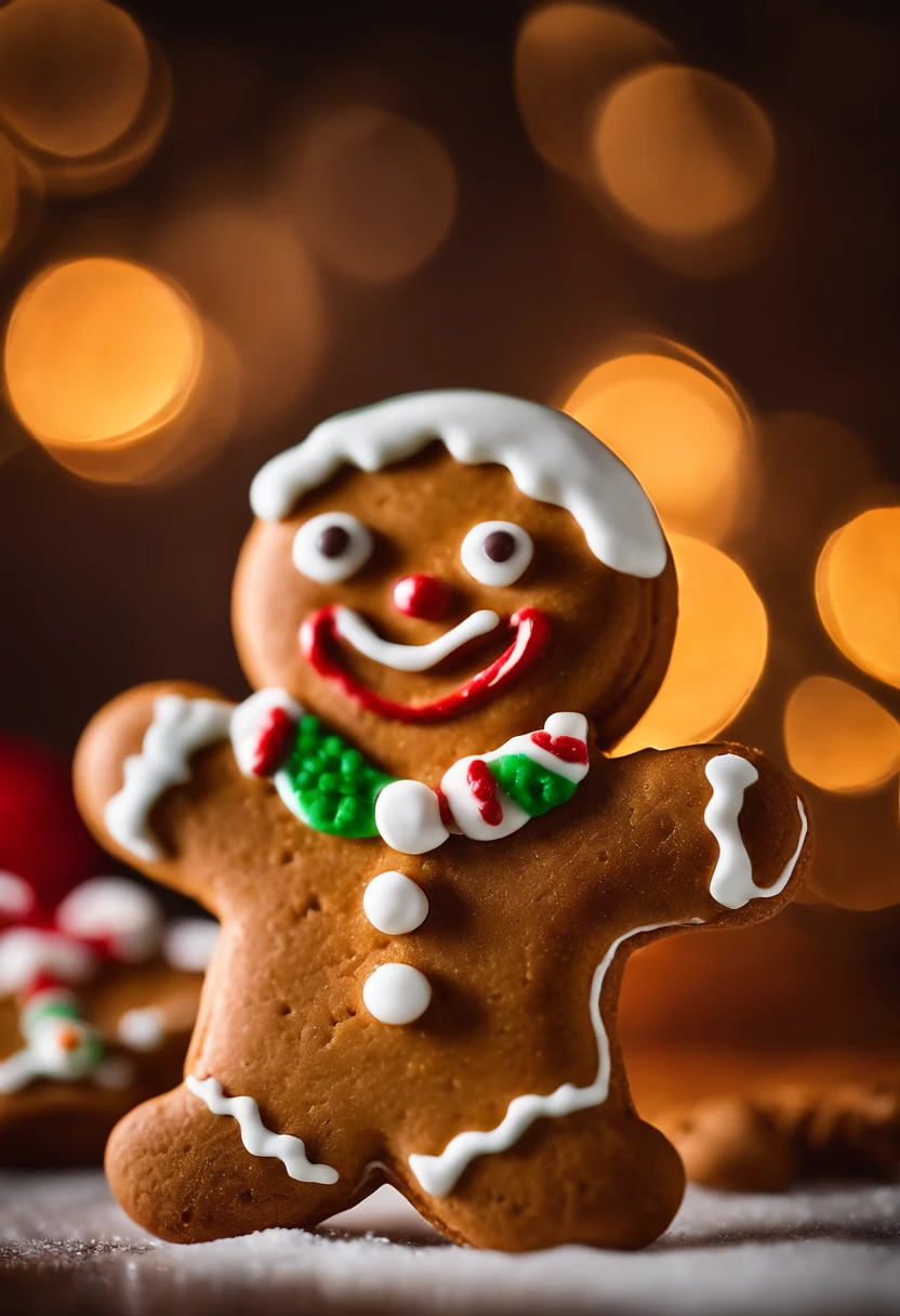 A close-up shot of a cute Christmas gingerbread man cookie’s smiling face, with icing accents and gumdrop eyes, creating a visually detailed and charming image.