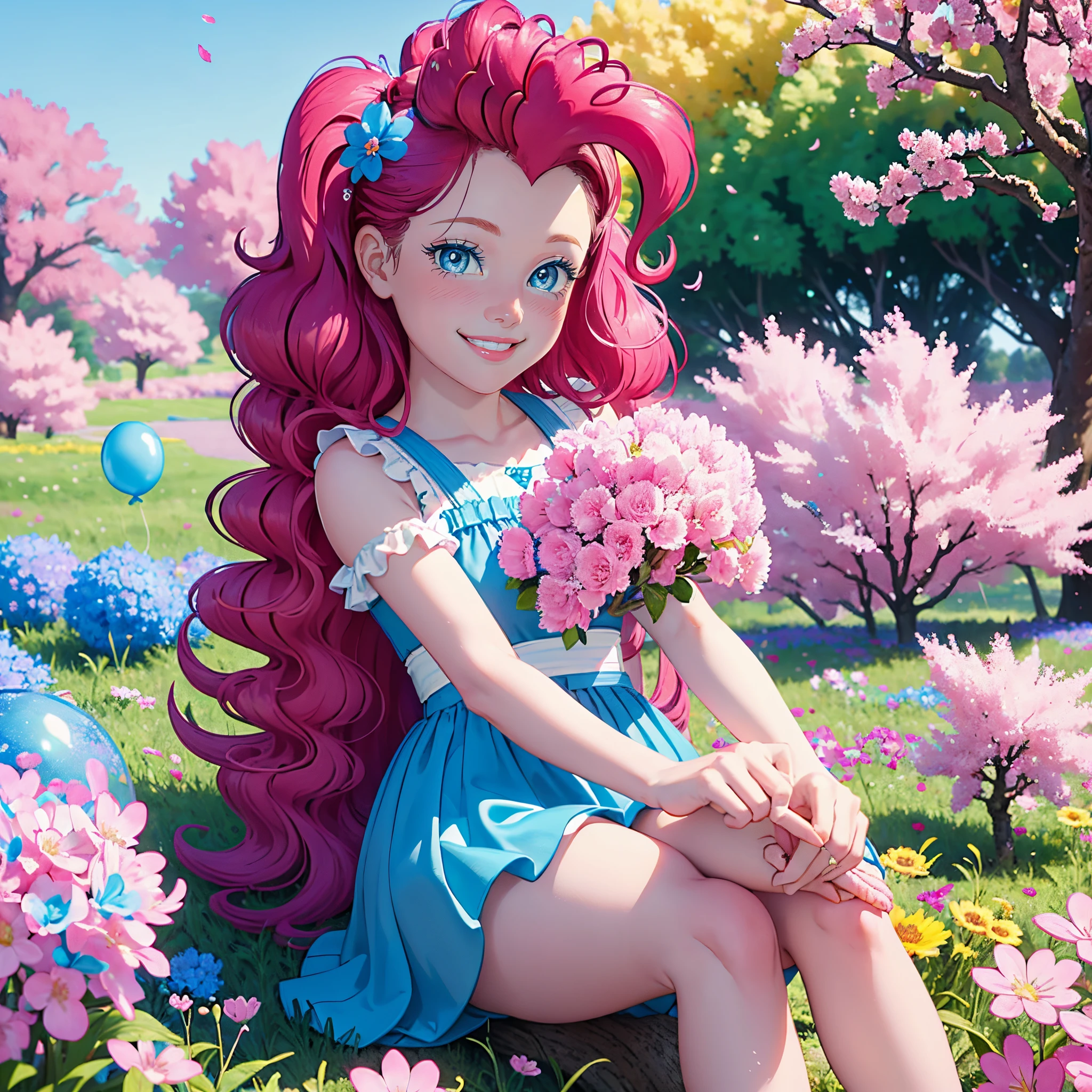 My little pony pinkie pie, pinkie pie, pinkie pie in the form of a girl, long dark pink hair, blue eyes, long pink and blue frilly dress, white frilly thigh high, small pink heels, blue sky, pink clouds, ((sitting in a pink and blue flower field)), staring at viewers, (light pink skin 1.5), soft blush, happy smile, soft smile, holding flowers, blue balloons flying everywhere, ((sunrise 1.0)), highly detailed lighting, yellow light, in a beautiful flower field, pink and blue flowers everywhere, blue eyeshadow (( BLUE EYES 2.0 )), flowers everywhere, SITTING UNDER A TREE HOLDING FLOWERS, pink skin, bubbles and ballon all around, cherry blossoms trees everywhere, in a cherry blossom forest, ( ultra realistic nature highly detailed cherry tress 4k ), extremely long beautiful hair