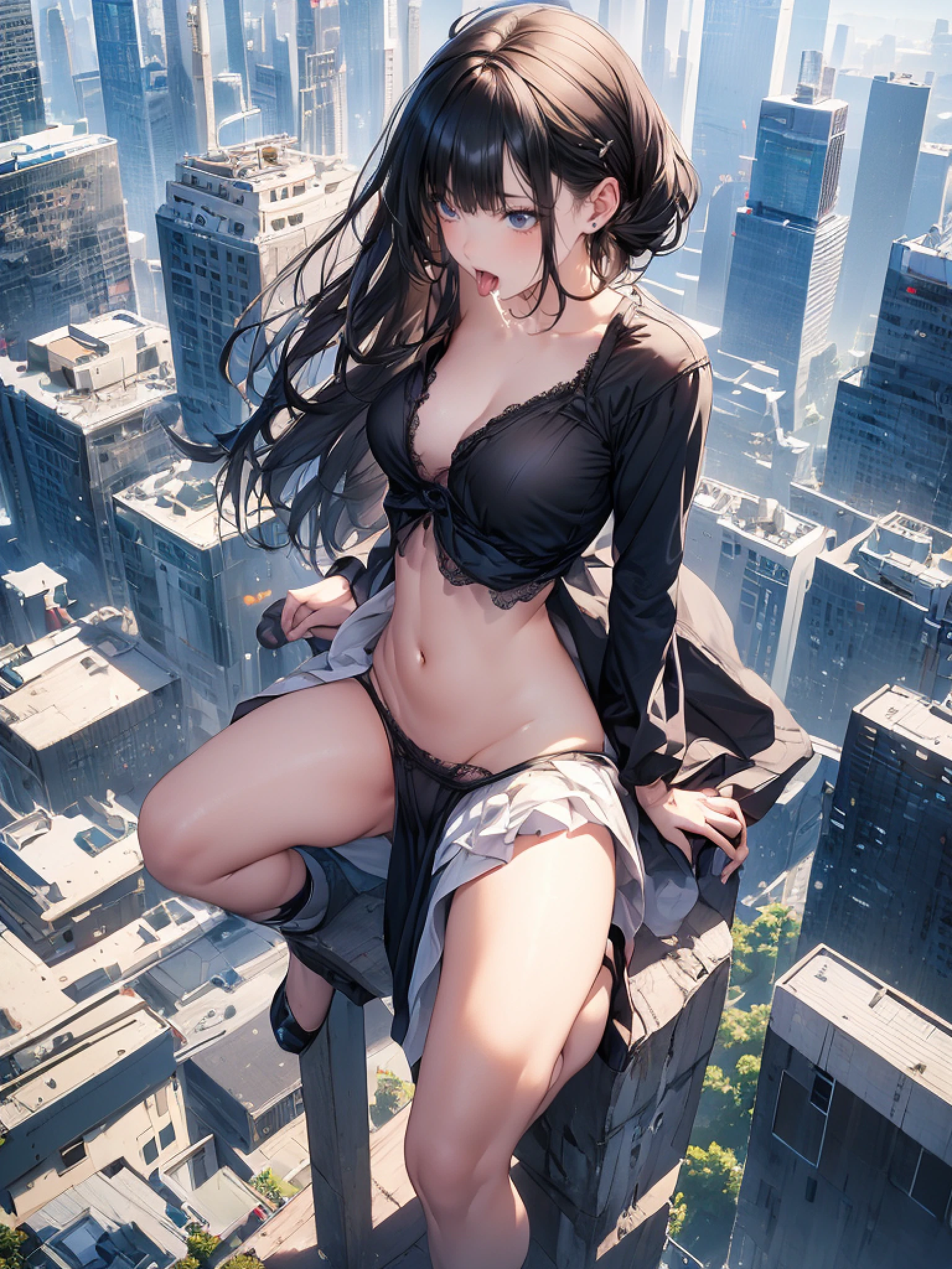 woman, detailed face, aerial angle, 50m tall, wearing skirt, panties, (pubic hair), close eyes, open legs, city, crotch hit on the top edge of the building, people looking up her, small cars, orgasm face, belly button