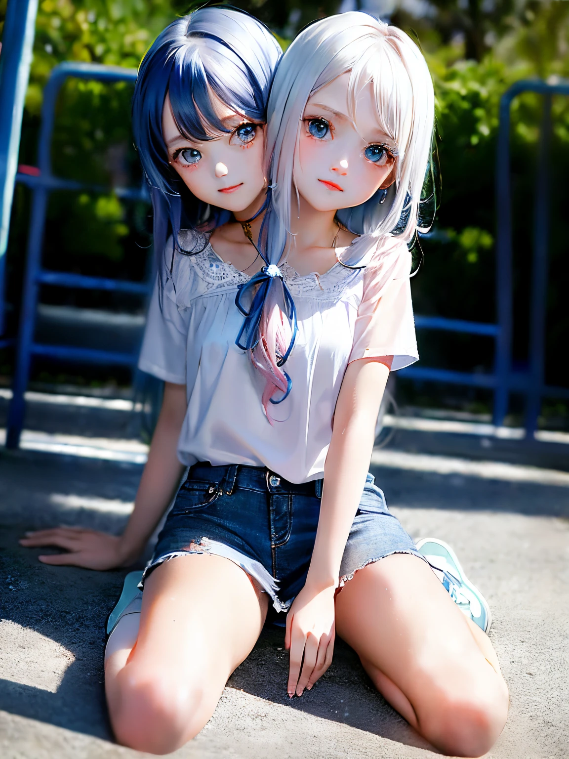 (masterpiece, best quality), best resolution, (2heads:1.5), 1girl, conjoined, (white blouse:1.1), BREAK [blue:pink:0.5] theme, cowboy shot, full body, sideways view, looking at the audience, break pink hair, long hair, delicate facial features, blue eyes, flowers on the head, white top, denim miniskirt, white sneakers, sitting position, playground, selling cute