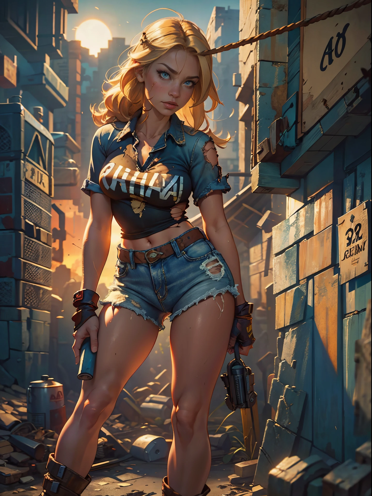 2076 year. The Urban Ruins of the Wasteland, Female huntress picking fruit in the garden, beautiful face, blonde, badly torn shirt and denim shorts ,  long legs, sweating through, sun rising, Nice warm colors, head to toe full body shot