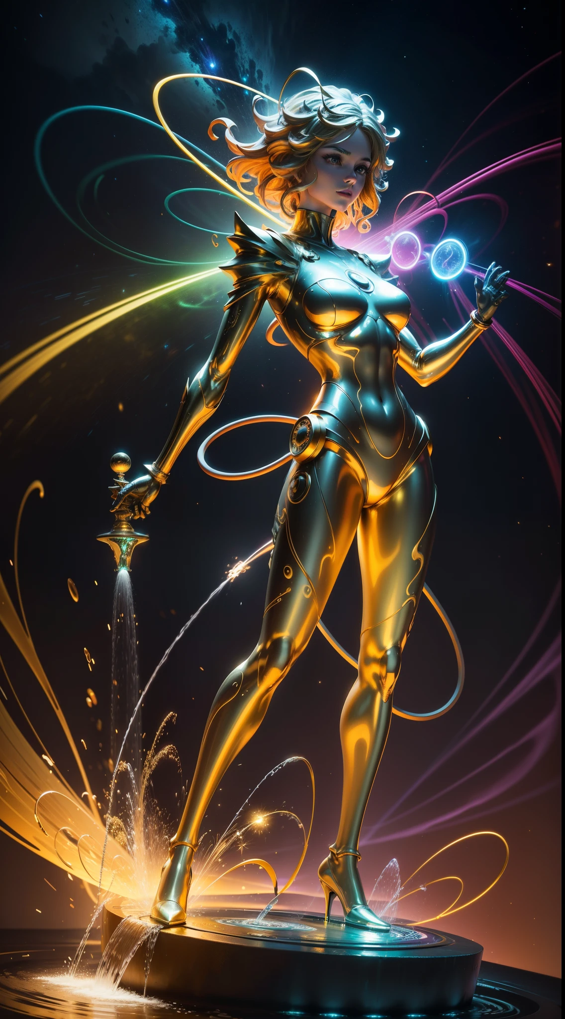 Colorful abstraction，bright，glowing light，A high resolution，(sci-fi fountain:1.3)，(metal figure statue:1.4)，line art，Golden lines intertwined，swirls of magic, swirling water cosmos, glowing swirling mist, Rotated, Spiral dripping gold, Mysterious vortex, long exposure shooting, A swirling vortex of energy, light paint, swirls of fire, eddy, slow exposure hdr 8k, Long exposure photography