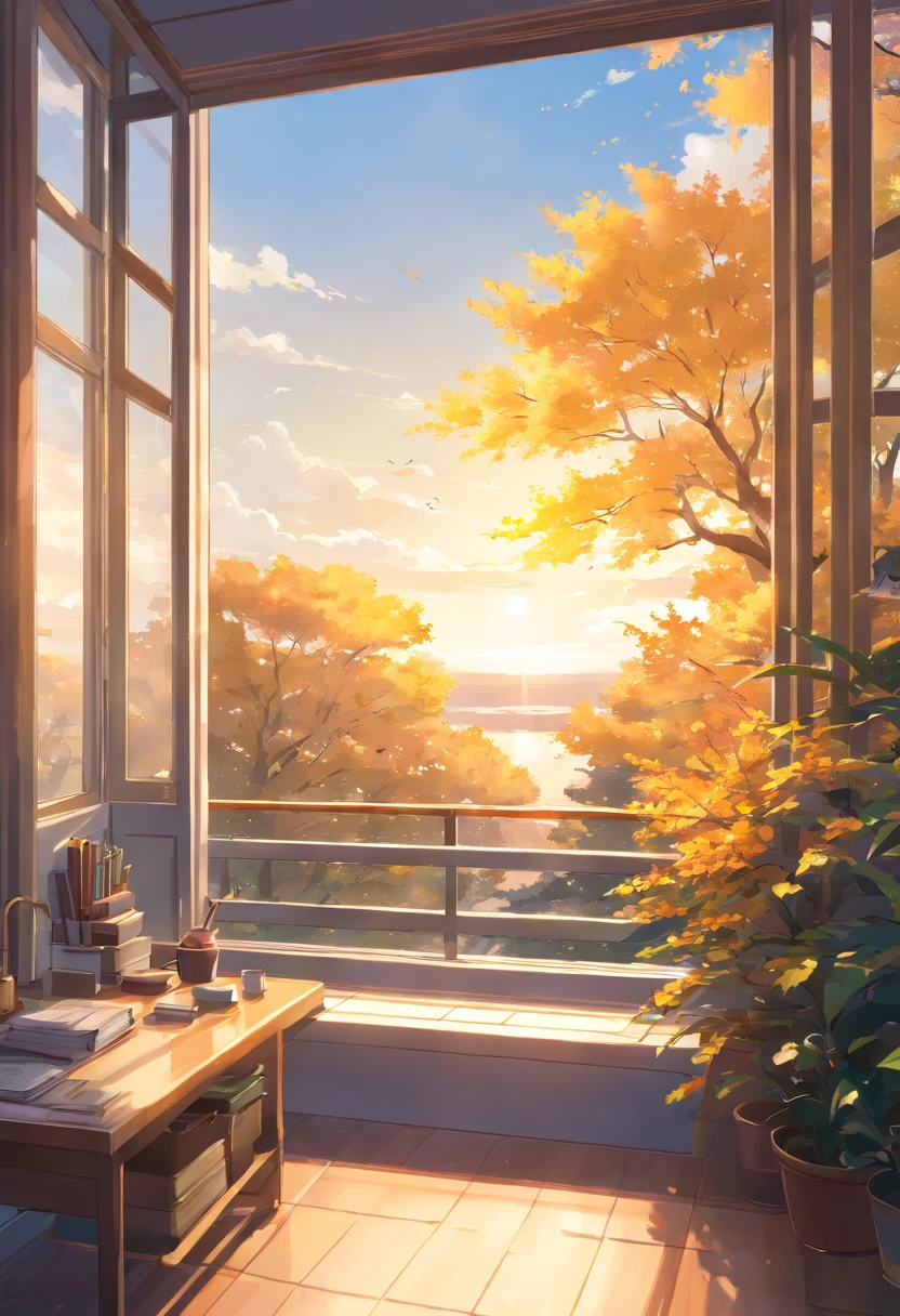 A calendar，On the windowsill，brightened light，There are golden trees in the distance，with blue sky and white clouds，white backgrounid，low-saturation