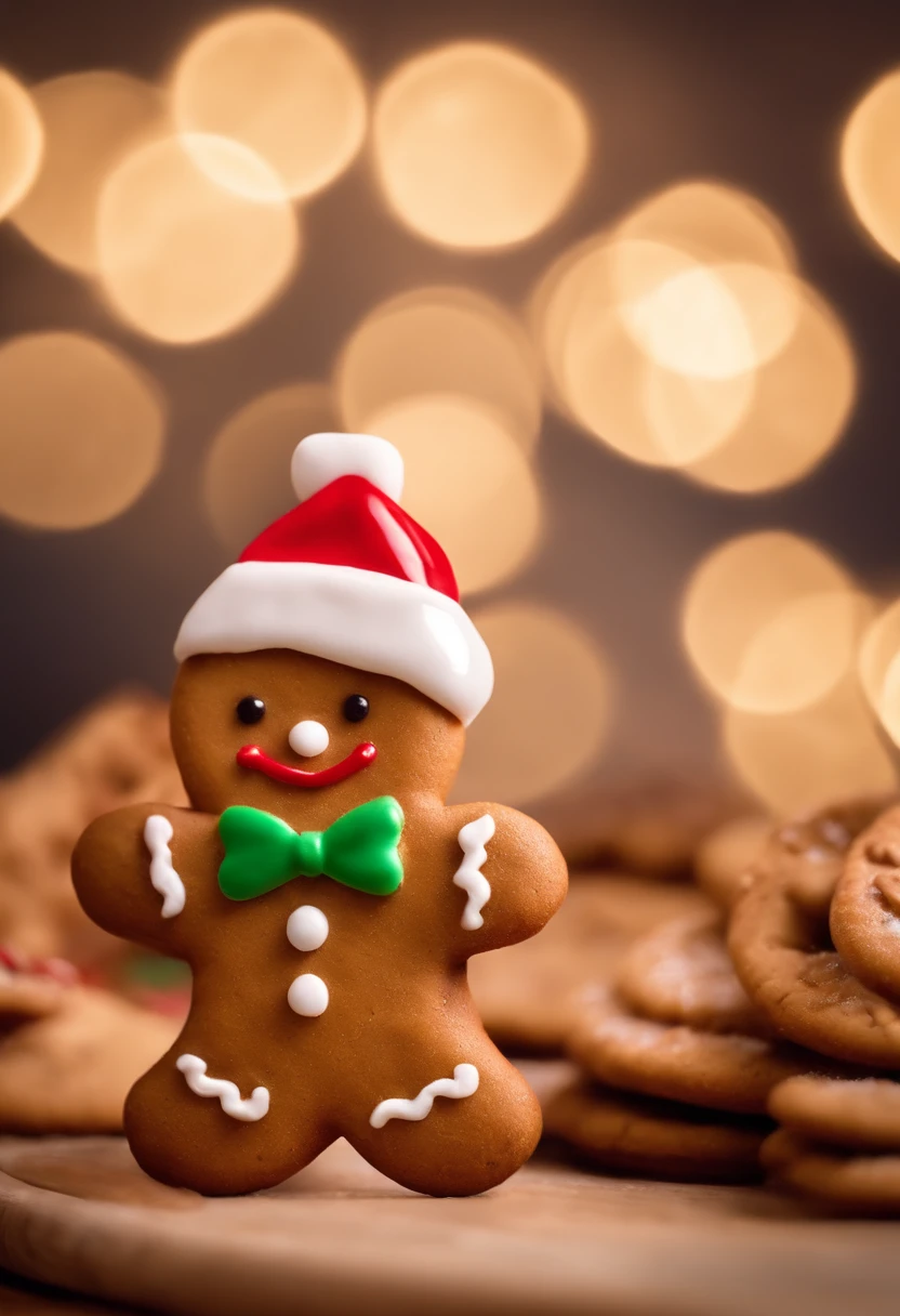 A high-resolution image of a cute Christmas gingerbread man cookie adorned with a candy cane bowtie and a Santa hat, creating a visually festive and playful scene.