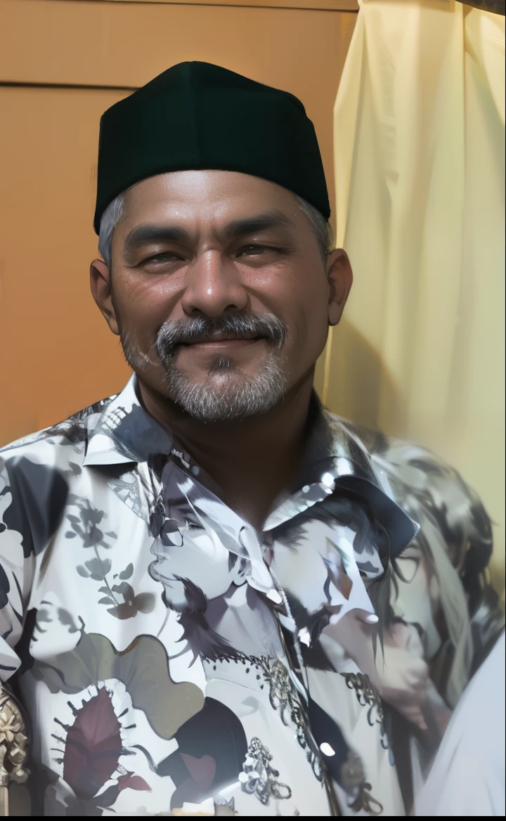 smiling man in a floral shirt and hat standing next to a man in a white shirt, ismail, lokah samastah sukhino bhavantu, ramil sunga, saadane afif, h. kyoht luterman, full protrait, raden saleh, inspired by Basuki Abdullah, protrait, mutahar laughing, portrait picture, White beard and mustache