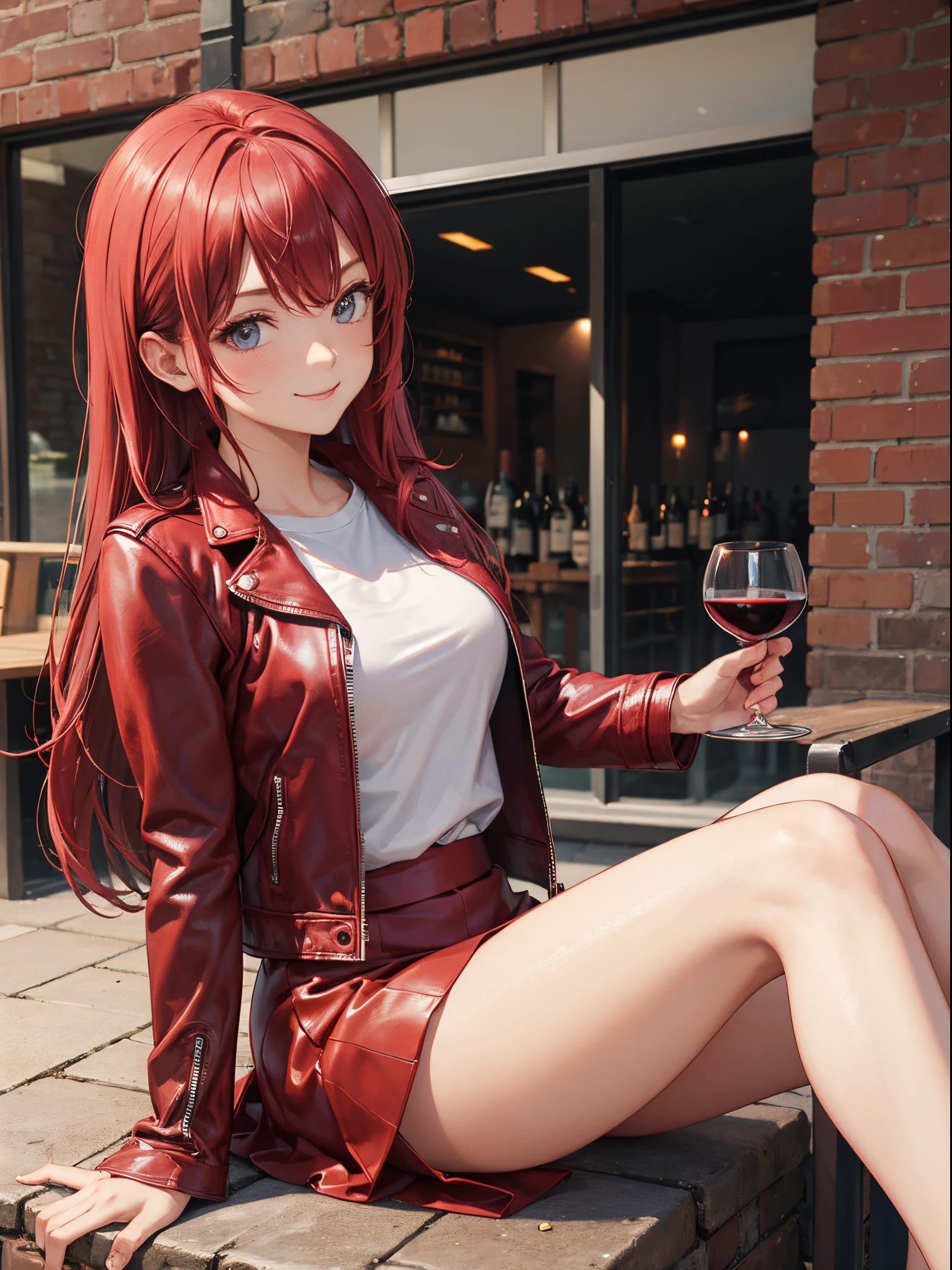 master piece,best quality, Solo woman, cute, sitting, wine-red leather jacket, white tight T-shirt, wine-red tight skirt, shy smile, wine-red hair, long hair, waving in a strong wind hair, Red Brick buckground