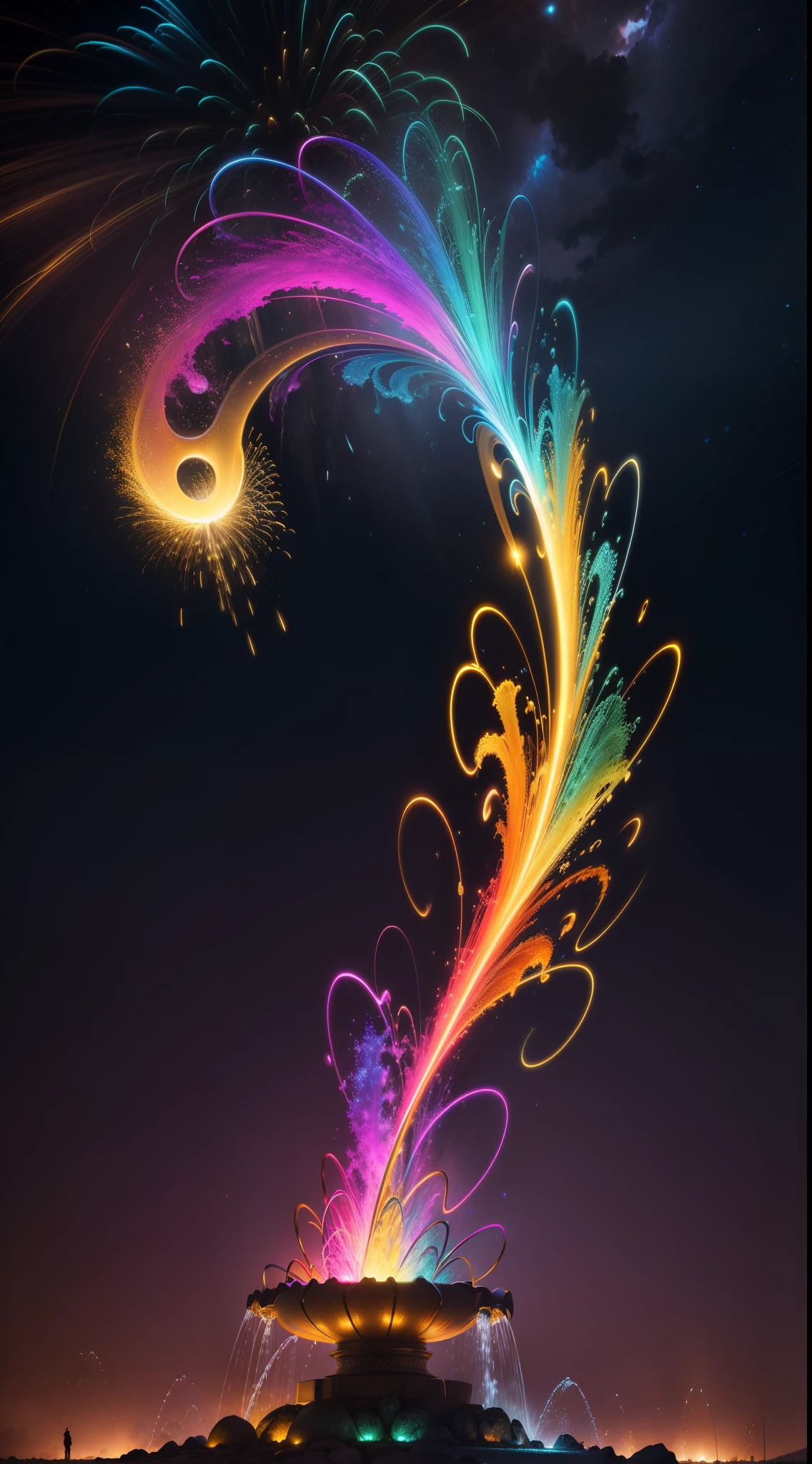 Colorful abstraction,bright,glowing light,A high resolution,(sci-fi fountain:1.3),(metal figure statue:1.4),line art,Golden lines intertwined,swirls of magic, swirling water cosmos, glowing swirling mist, Rotated, Spiral dripping gold, Mysterious vortex, long exposure shooting, A swirling vortex of energy, light paint, swirls of fire, eddy, slow exposure hdr 8k, Long exposure photography
