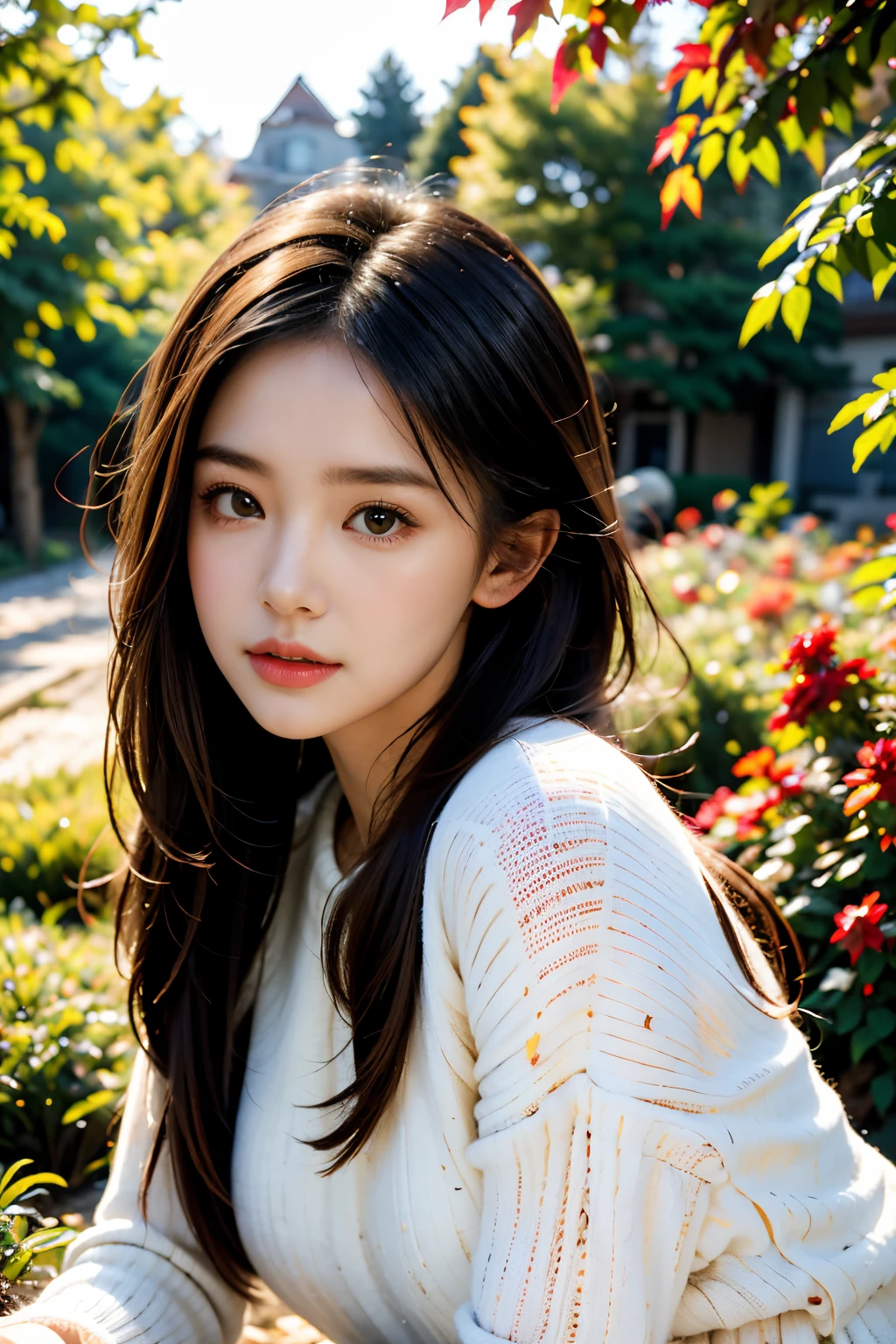 (a girl in a garden),autumn,red leaves,(best quality,4k,highres,masterpiece:1.2),vivid colors,soft sunlight,warm tones,fall foliage,fancy dress,flowing hair,wind blowing leaves,peaceful atmosphere,warm sweater,messy bun,playful expression,dreamy background,carefree stance,natural beauty,serene ambiance,floating leaves,happiness,crunchy leaves on the ground,sunlit pathway,beautiful detailed eyes,beautiful detailed lips,red cheeks,nature's beauty