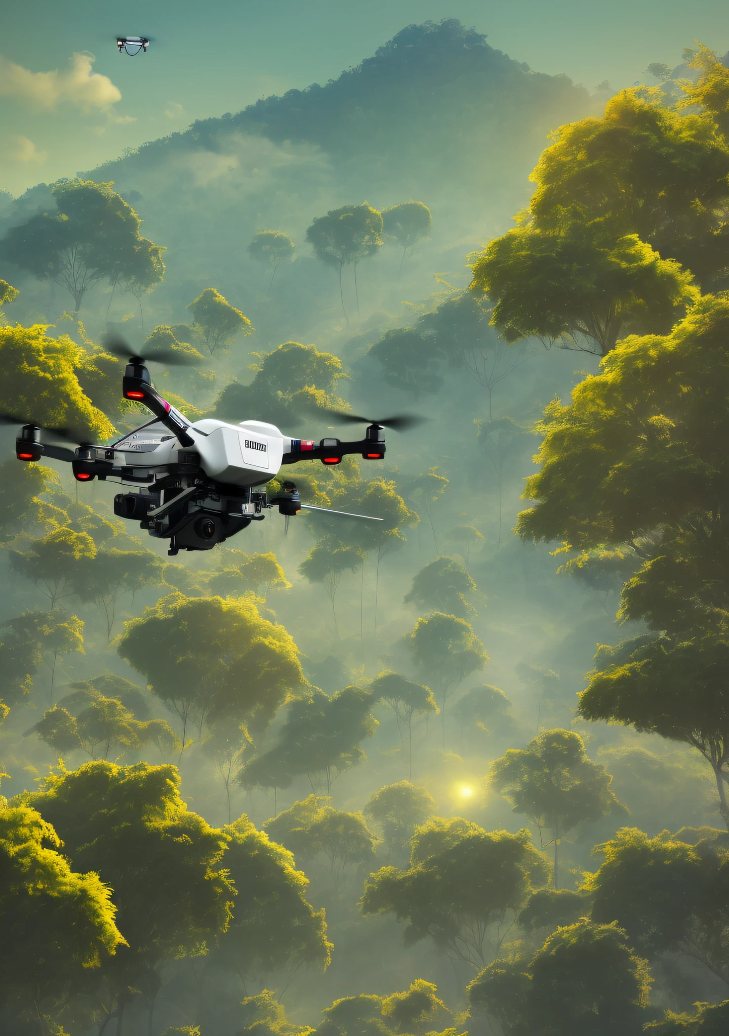 (Best quality at best,4K,8K,A high resolution,tmasterpiece:1.2),ultra - detailed,(actual,realisticlying,Photorealistic:1.37),A small white drone flies over the forest,hovering drone,Emerging drones,Above the forest,Flying over the tropical rainforest,Drone in the sky,Fly drones,drone point of view,Aerial shooting,Digital illustration scene,On the top of the tree,Mysterious flying object in the forest,Deadly drones,Drones in the forest of cyberspace,cg art