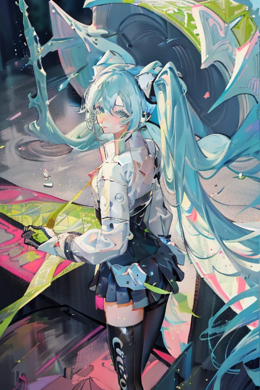 miku hatsune(Top image quality),(The work of the master),(ultra-detailliert),(Detailed depiction of the eyes:1.0),(lensflare:1.0),(Cinematic poster:1.0),(Tarot Border:1.0),Character Center,(a closeup:1.0),(negative space:0.8),(negative space:1.6),(独奏),(a colorful{the wind|water magic|inky|crystalline|icy|firey|loimu|Lightning|netting|boulders|Grit|Particle|brilliance|Bloods}:1.0),(Many colorful{Soap bubbles|​​clouds|thorn|spikes|vine|electric current|spirals|The halo|cube|octahedron}:1.0),(Planktonic{reddish|verdant|Green grass|Eau|Viola|yellow|A black|blanche|greys|pink there|an orange|lime} {bow ribbon|pluma|Particle|edg|The drops|Snowflake|softball}:1.0),({crystalline|icy|firey|loimu|the wind|Eau|planet earth|stony|spaces|musical|sonic|swirls} {Magic}:1.0), ({Ray traching,Glowering|Mottled sunbeams,llight rays,Caustics|The night is mysterious,eery|Carefree,pastels}:1.2), ({Colorful|Irridescent color|multi colored}:1.0),(beautiful detailed brilliance:1.0),({Slouched|back-view|tilted to the side|}:1.2),{ (A smile:1.0)|(a smirk:1.0)|(grim facial expression:1.0)},({Has a small|Has a small||s lips、Eye lashes}:1.0),{grinning evily|:1.2},({Eyelashes|eyeshadows||}),{Close one eye|||},({Red|Green|Blue|aqua|Purple|yellow|Black|white|greys|Pink|orange|lime} hair:1.4 ),({Short|long|Medium} hair:1.0),({frombelow|From  above|From Side|from the rear|Front Viewer}:1.3),(aureola:1.3),(tilt of the head:1.0),(dynamicposes:1.1),(Asymmetrical hair:1.2),({reddish|verdant|Green grass|Eau|Viola|yellow|A black|blanche|greys|pink there|an orange|lime} {|doress|outfits}:1.0),({Formal|Military|tech wear|Urban style|casual,dressed casually|Fantasy,magician|Sauvage,tribal|scientific fiction,Futuristic}),({plaid skirts|layered skirts|Puffy dress|tights|trouser|shortpants}),({reddish|verdant|Green grass|Eau|Viola|yellow|A black|blanche|greys|pink there|an orange|lime} {The eye|The eye|collofull eyes}:1.4),{(brow:1.5),asymmetrical bangs|oblique bangs|hair between eye|bluntbangs|swept bangs},{Bl}