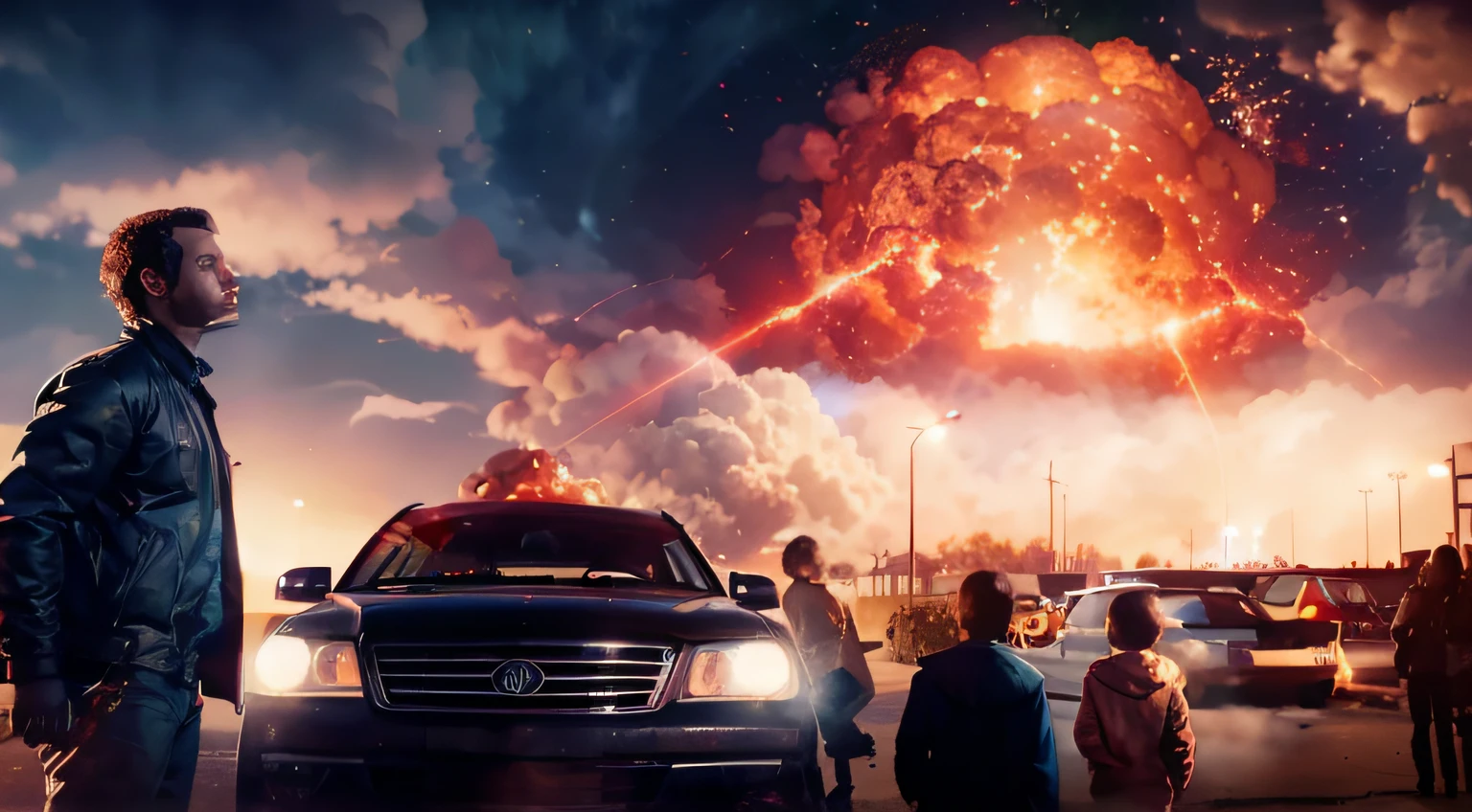 um homem parado ao lado de um carro em um estacionamento, Planeta explodindo no fundo, The Children of the Night, VFX rendering, looks at the nuclear explosion, red lightning, Arte promocional da BBC, outside the simulation, still image from tv series, shine sky, Cometas