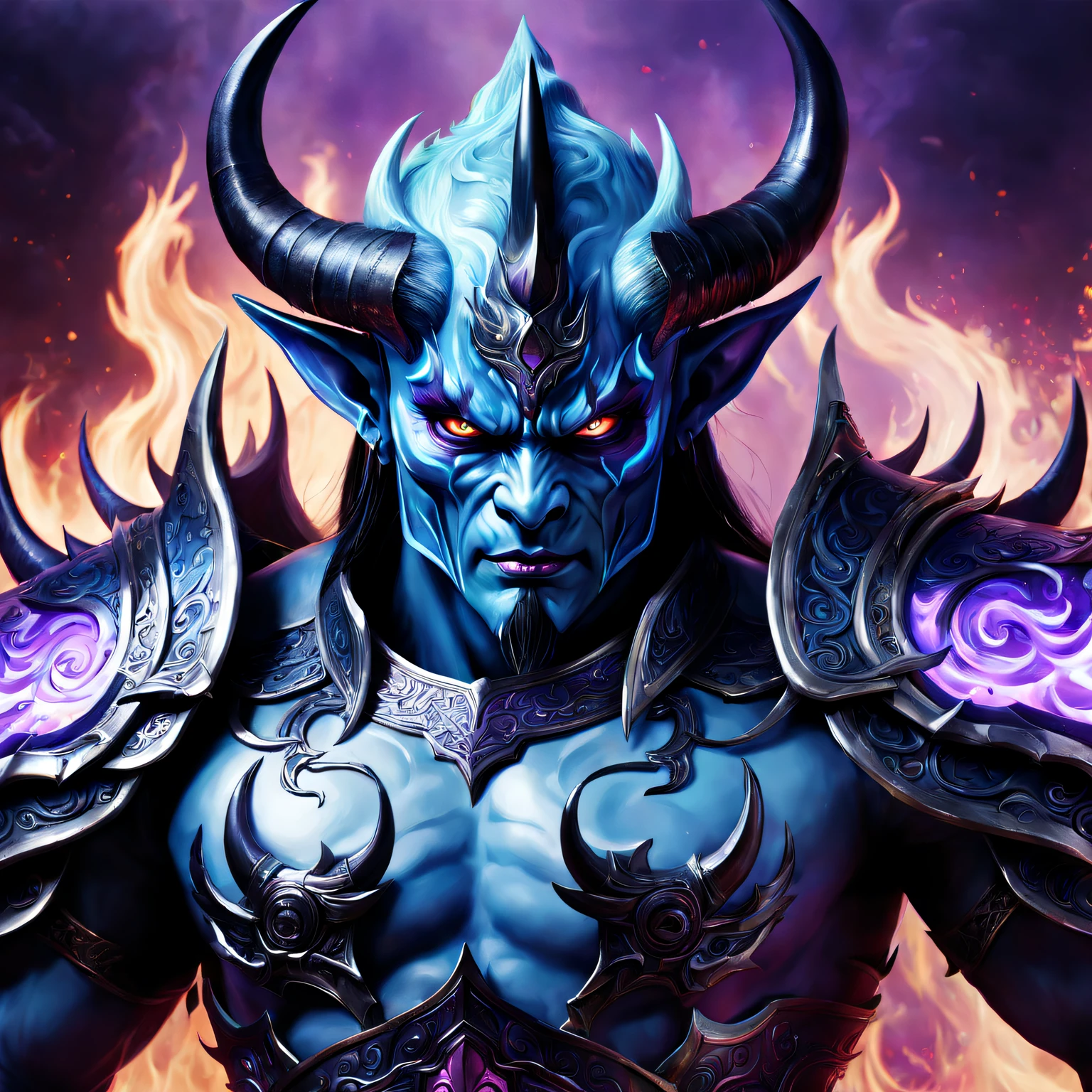 Best quality，ultradetailed，realistically：1.37，Chinese mythology，asuras，King of Devils，terrible death，light blue colored skin，dark piercing eyes，has horns on its head，heavy muscular figure，elegant armor，(demonic wings)，delicate patterns，Glowing aura，Surrounded by purple flames，Desolate battlefield background，Defeat demons and evil spirits，(safe)，Divine wrath，majestic and powerful，mythological creatures