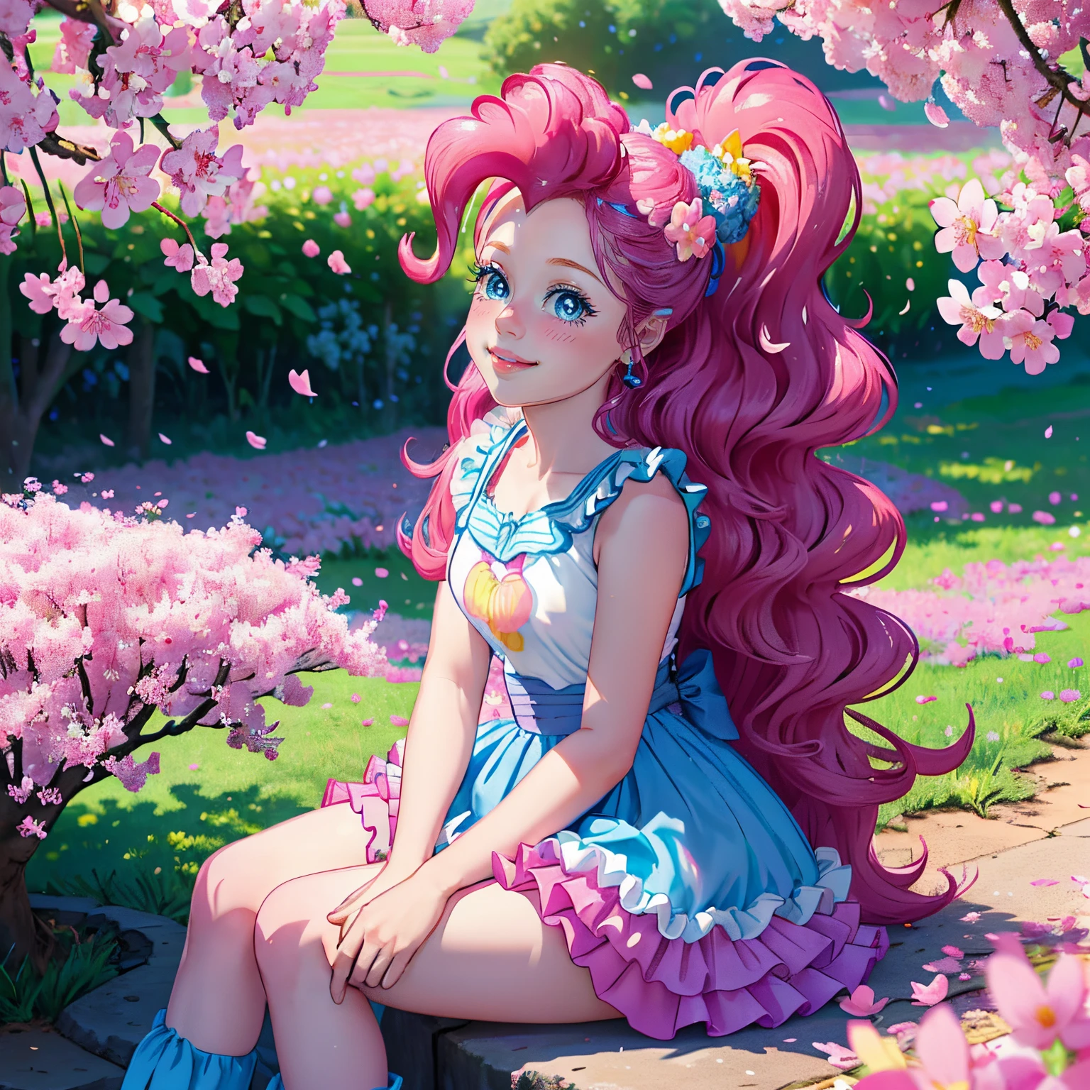 My little pony pinkie pie, pinkie pie, pinkie pie in the form of a girl, long dark pink hair, blue eyes, long pink and blue frilly dress, white frilly thigh high, small pink heels, blue sky, pink clouds, ((sitting in a pink and blue flower field)), staring at viewers, (light pink skin 1.5), soft blush, happy smile, soft smile, holding flowers, blue balloons flying everywhere, ((sunrise 1.0)), highly detailed lighting, yellow light, in a beautiful flower field, pink and blue flowers everywhere, blue eyeshadow (( BLUE EYES 2.0 )), flowers everywhere, SITTING UNDER A TREE HOLDING FLOWERS, pink skin, bubbles and ballon all around, cherry blossoms trees everywhere, in a cherry blossom forest, ( ultra realistic nature highly detailed cherry tress 4k ), extremely long beautiful hair, holding so much flowers