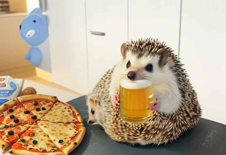 hedgehog holding a mug of beer next to pizza and beer, anthropomorphic hedgehog, r/AW, Smart Hedgehog, Buttercup eating pizza, hedgehog magus, Intelligent Hedgehog, Chewing pizza, Hedgehog, mmmmmmm, very accurate photo, 🐿🍸🍋, The appearance of a pizza rat, Hedgehog with glasses, anthropomorphic blue hedgehog
